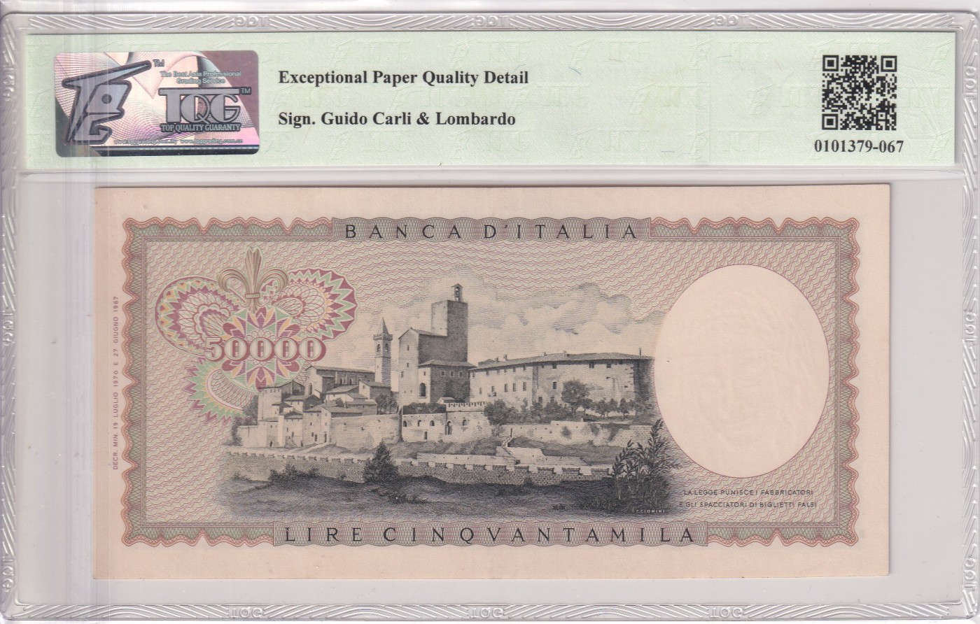 🌗乐淘淘世界纸币拍卖 第34期🌓 【B 019006 M】意大利1970年纸币 50000里拉 经典达芬奇 靓号 倒置号 TQG66EPQD