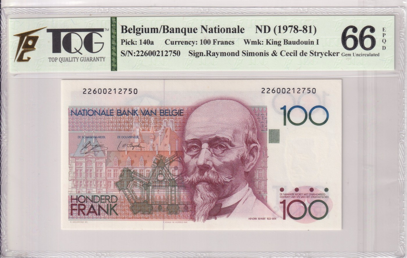 🌗乐淘淘世界纸币拍卖 第34期🌓 【22600212750】比利时1978-81年纸币 100法郎 TQG66EPQ
