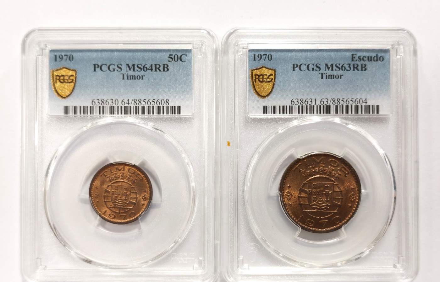 博洋堂世界钱币拍卖第056期（全场包邮） PCGS MS63-64RB 葡属东帝汶1970年50分、1埃斯库多二枚一对，状态一流