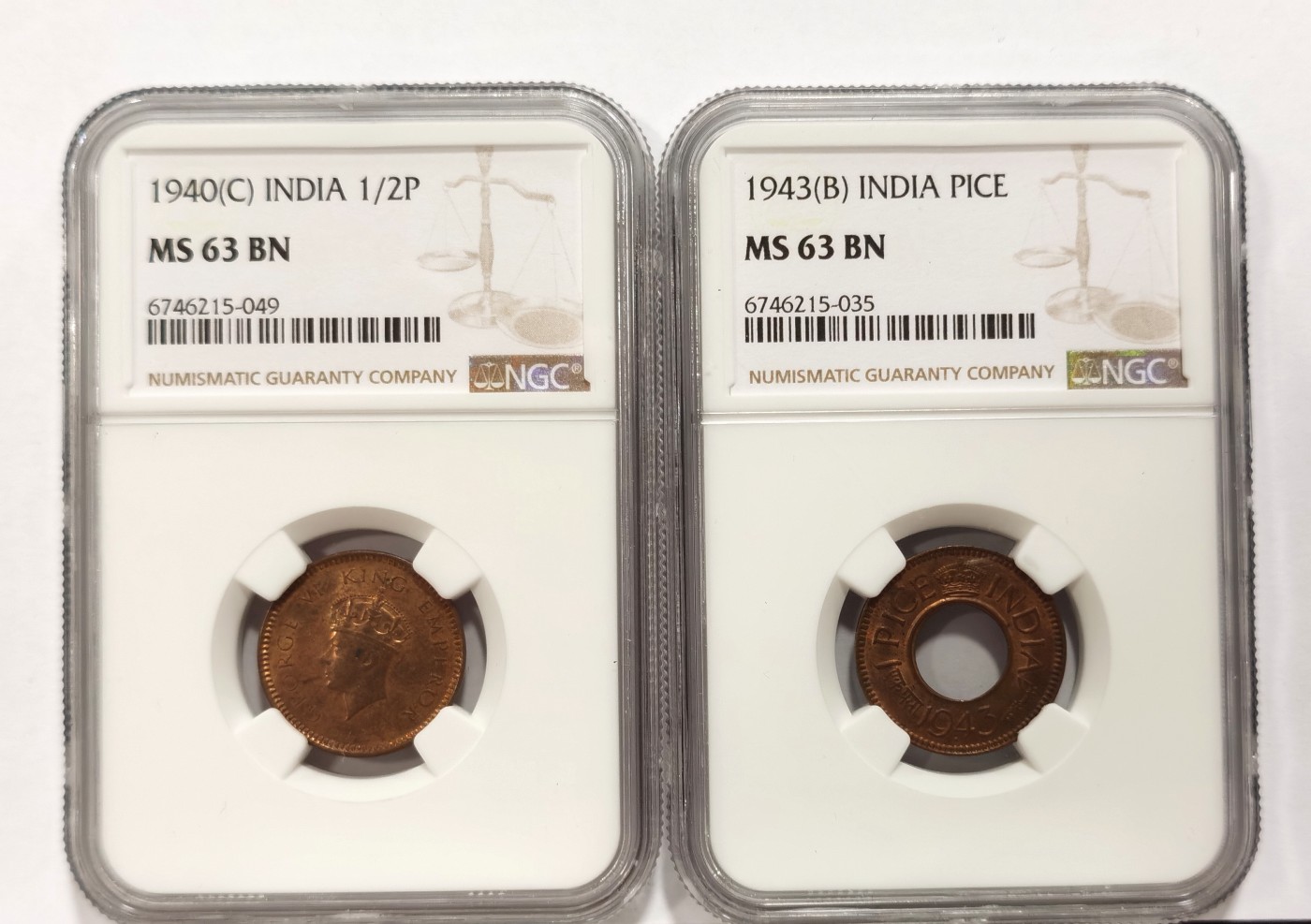 博洋堂世界钱币拍卖第056期（全场包邮） NGC MS63BN 英属印度乔治六世1/2派沙、1派沙铜币2枚一对