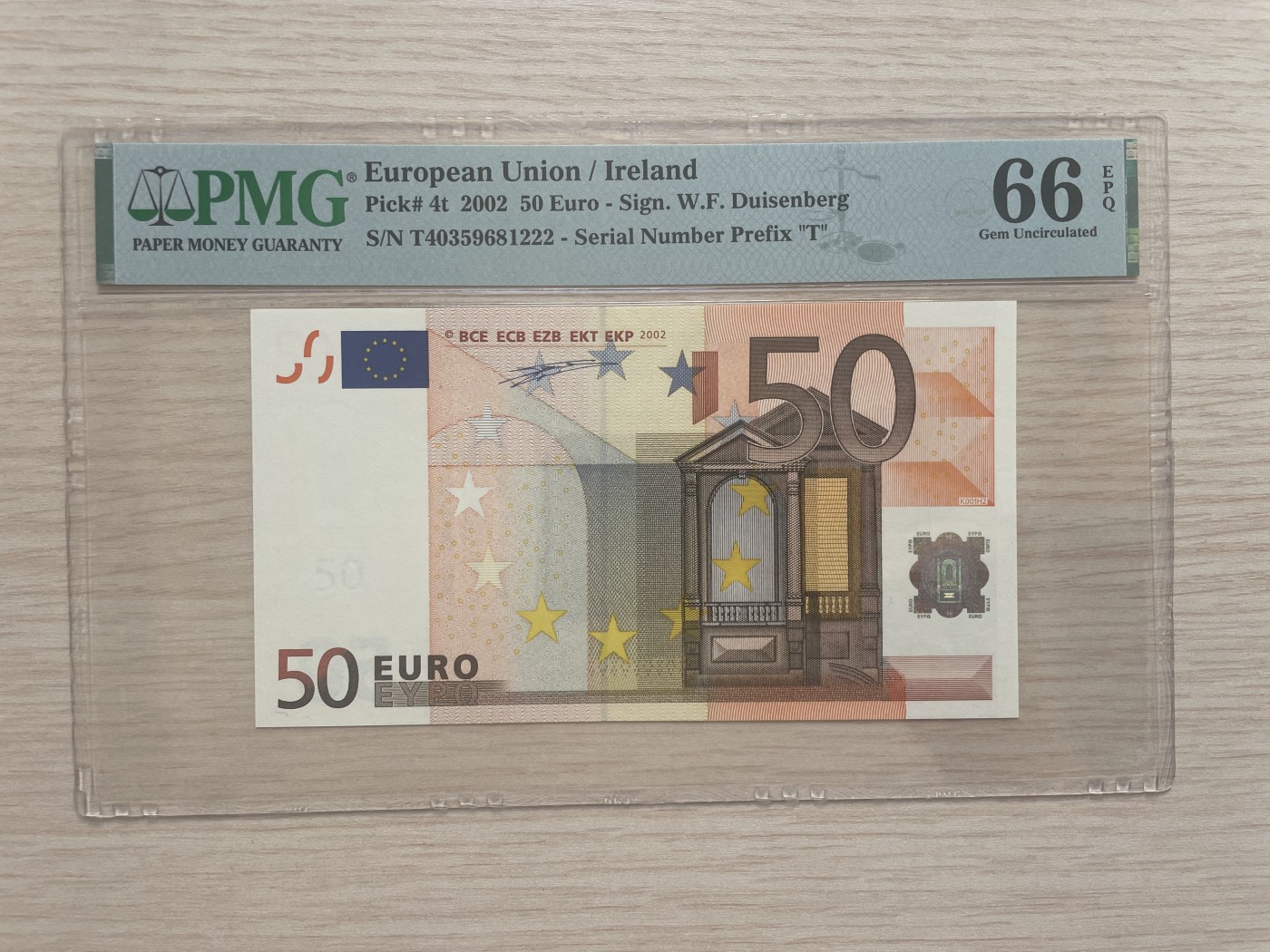 🌗乐淘淘世界纸币拍卖 第34期🌓 【T40359681222】欧盟2002年纸币 50欧元 一签 稀少爱尔兰版 豹子号222 PMG66EPQ