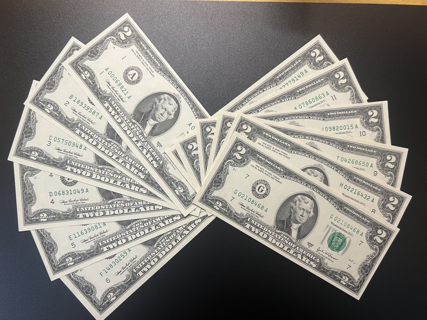 🌗乐淘淘世界纸币拍卖 第34期🌓 【A~L冠号大全】美国2003A版纸币 2美元 十二张 冠号大全 全新UNC