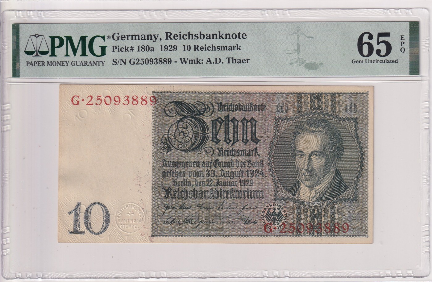 🌗乐淘淘世界纸币拍卖 第34期🌓 【G25093889】德国1929年纸币 10马克 无47 PMG65EPQ