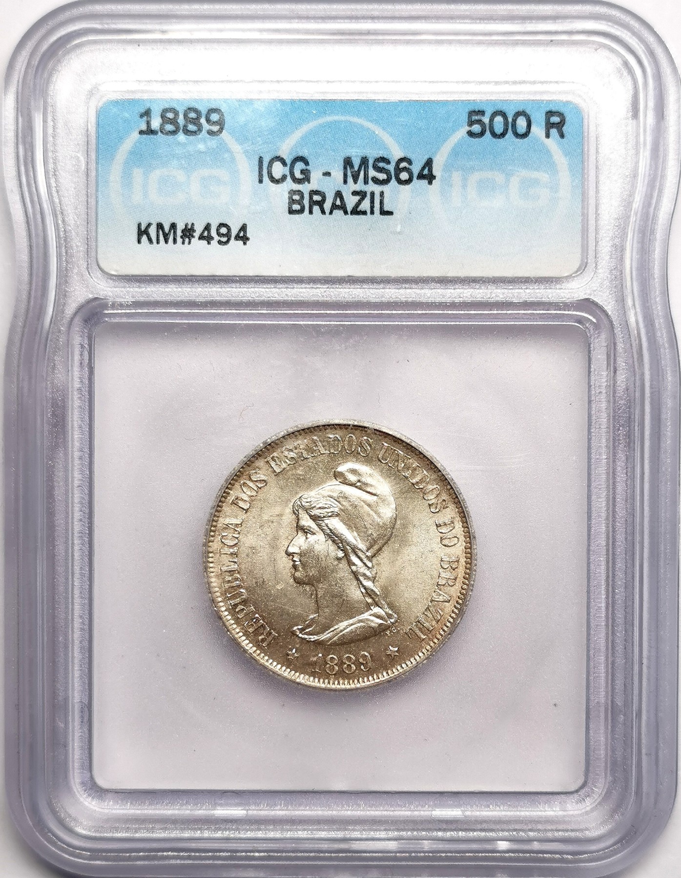 凡希社世界钱币微拍第二百五十七期（感恩专场） 1889巴西500R银币ICG-MS64