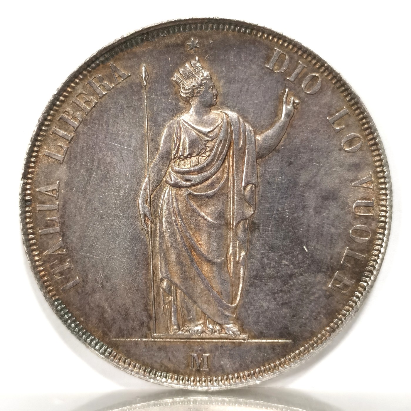 博洋堂世界钱币拍卖第056期（全场包邮） 意大利1848年伦巴蒂临时政府女神5里拉大银币，双面深彩包浆，AU状态，状态好细节清晰，可入盒博分，单年发行量12万枚，名誉品收藏品种