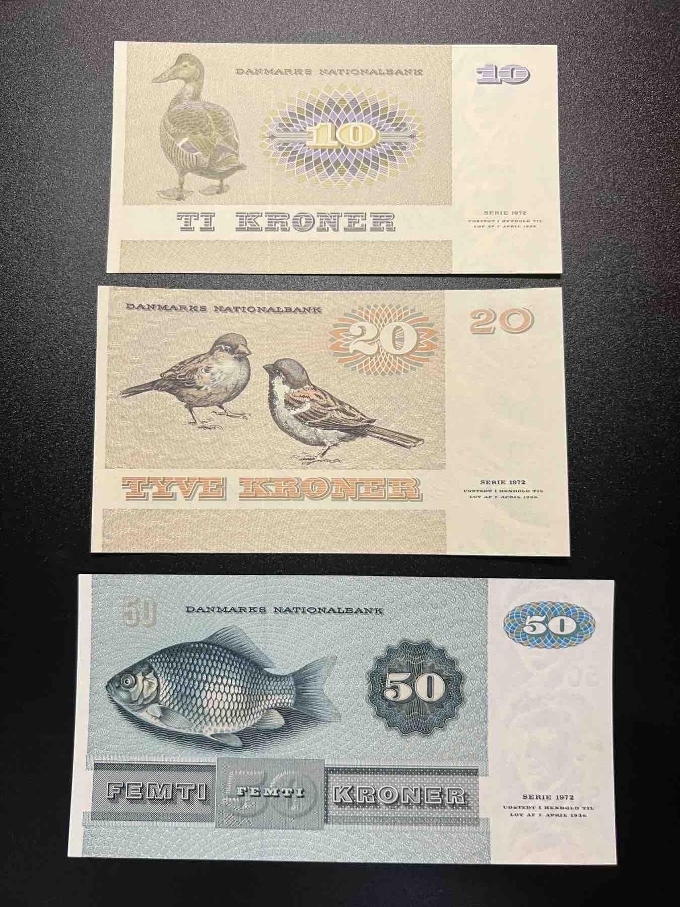 🌗乐淘淘世界纸币拍卖 第34期🌓 丹麦1972年纸币 10/20/50克朗 其中50克朗有荧光 UNC