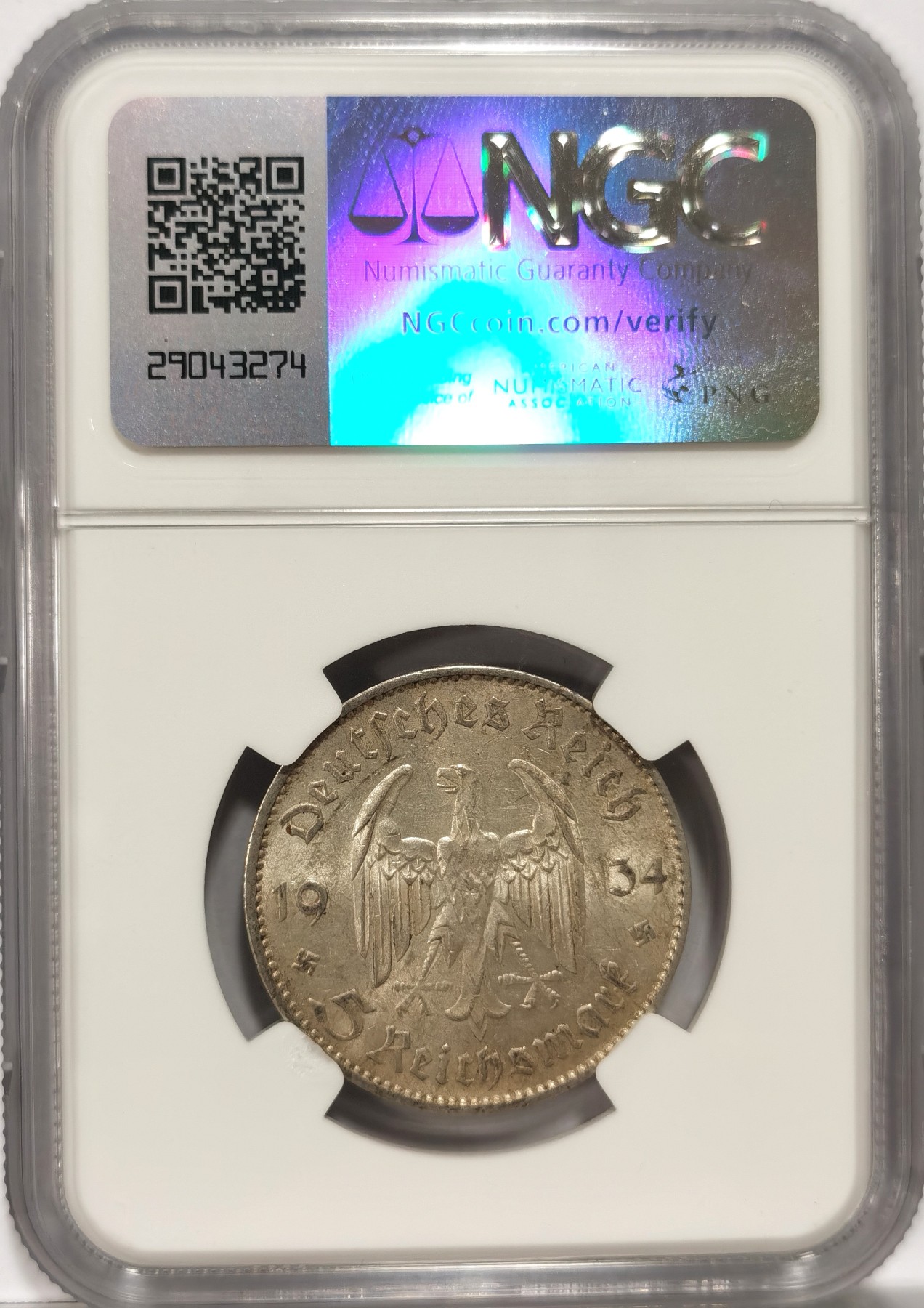 博洋堂世界钱币拍卖第056期（全场包邮） NGC AU58 德国第三帝国1934年F版教堂卍字5马克银币，细节清晰，状态好，原味包浆，转光强