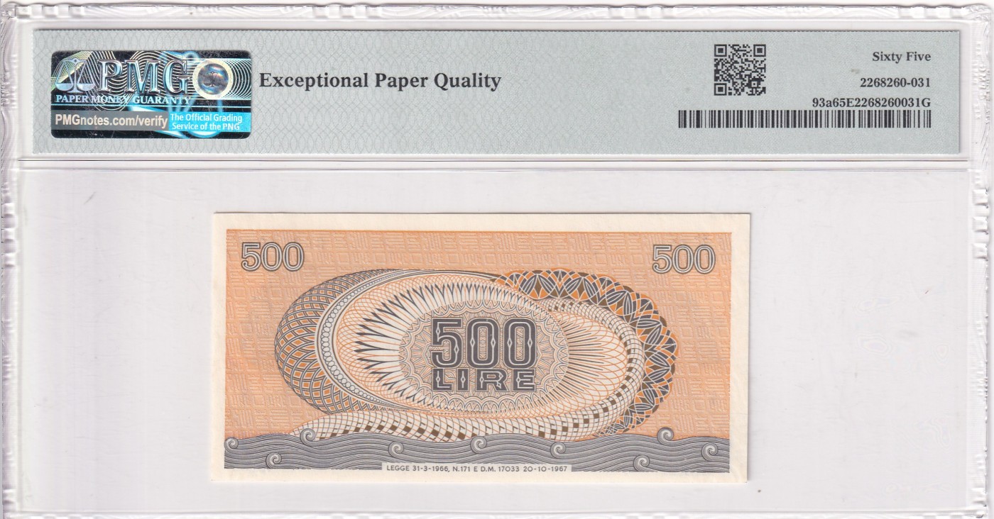 🌗乐淘淘世界纸币拍卖 第34期🌓 【K15 854149】意大利1966-70年纸币 500里拉 PMG65EPQ