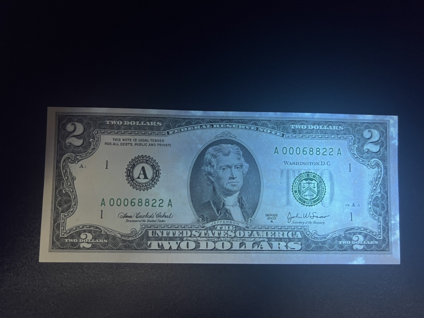 🌗乐淘淘世界纸币拍卖 第34期🌓 【A~L冠号大全】美国2003A版纸币 2美元 十二张 冠号大全 除A冠有荧光、G冠正面右上方有污渍外 其余全新UNC