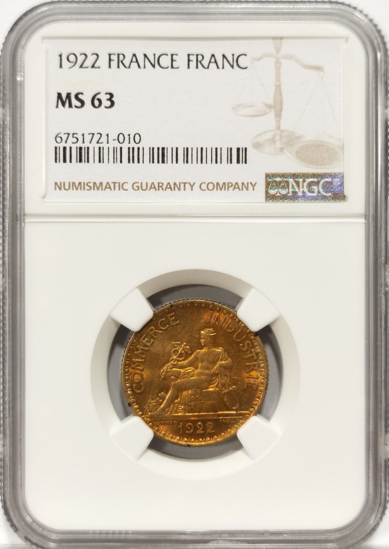 博洋堂世界钱币拍卖第056期（全场包邮） NGC MS63 法国1922年1法郎商神铜币 原味包浆，细节清晰，转光强烈，商神墨丘利寓意好