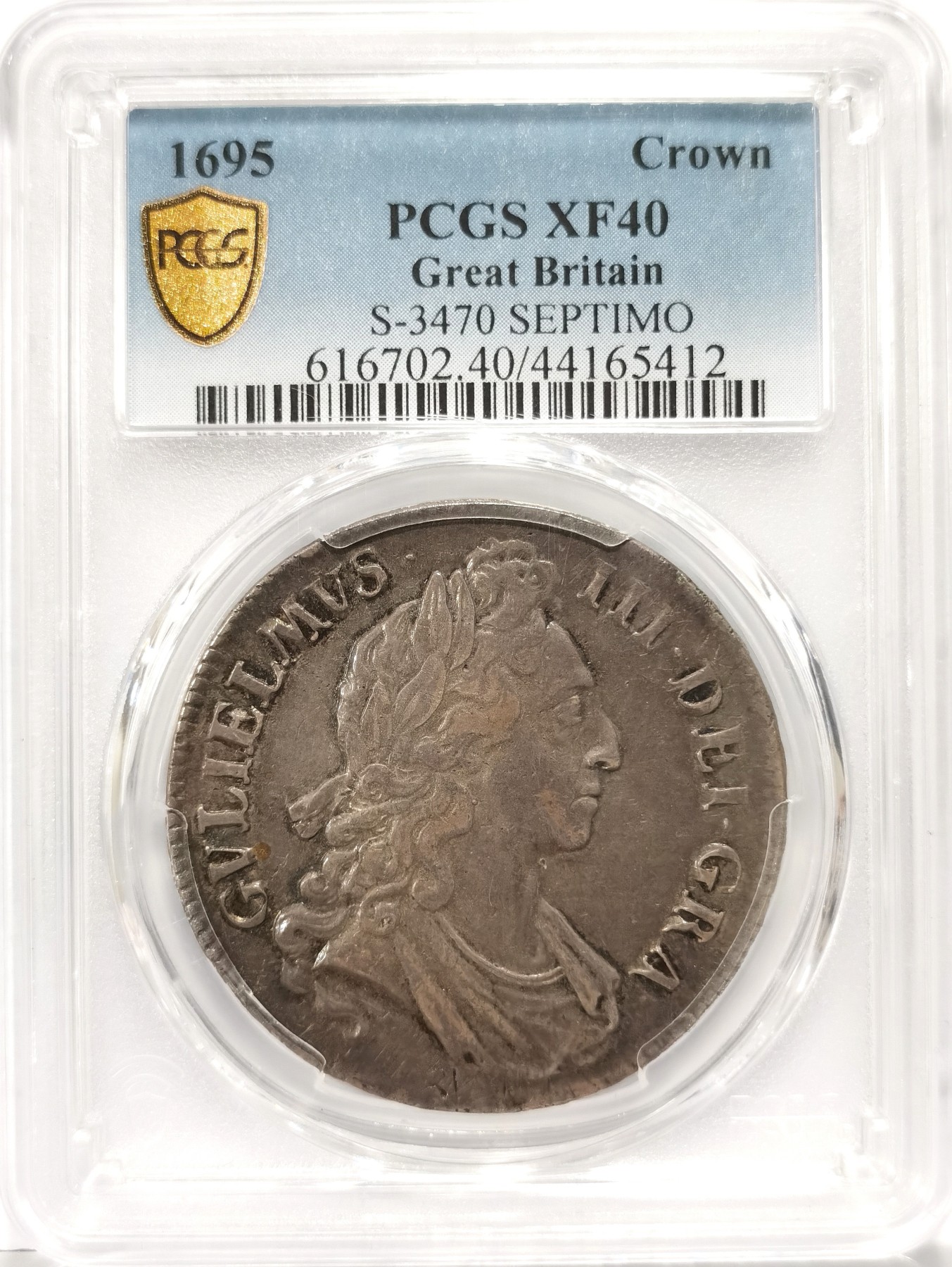 博洋堂世界钱币拍卖第056期（全场包邮） PCGS XF40 英国1695年 威廉三世1克朗大银币，原味带彩包浆，状态好，英系名品，持续上涨品种，值得收藏