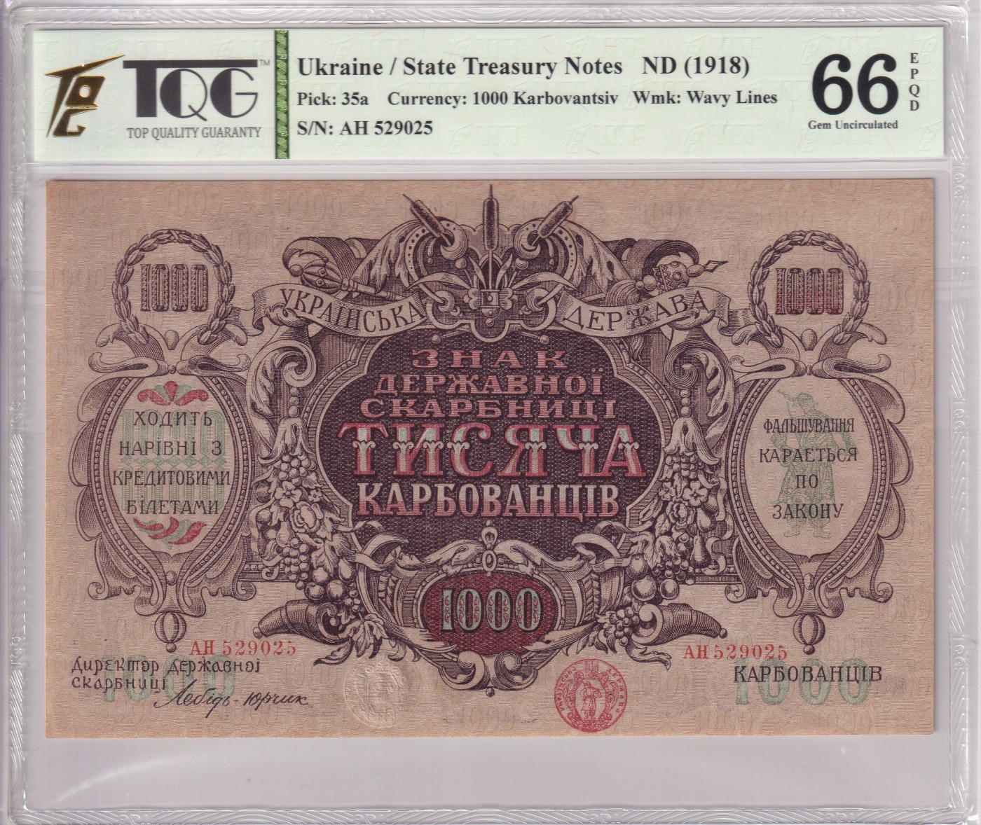 🌗乐淘淘世界纸币拍卖 第34期🌓 【AH 529025】乌克兰1918年纸币 1000格里夫尼亚 百年老钞 TQG66EPQ