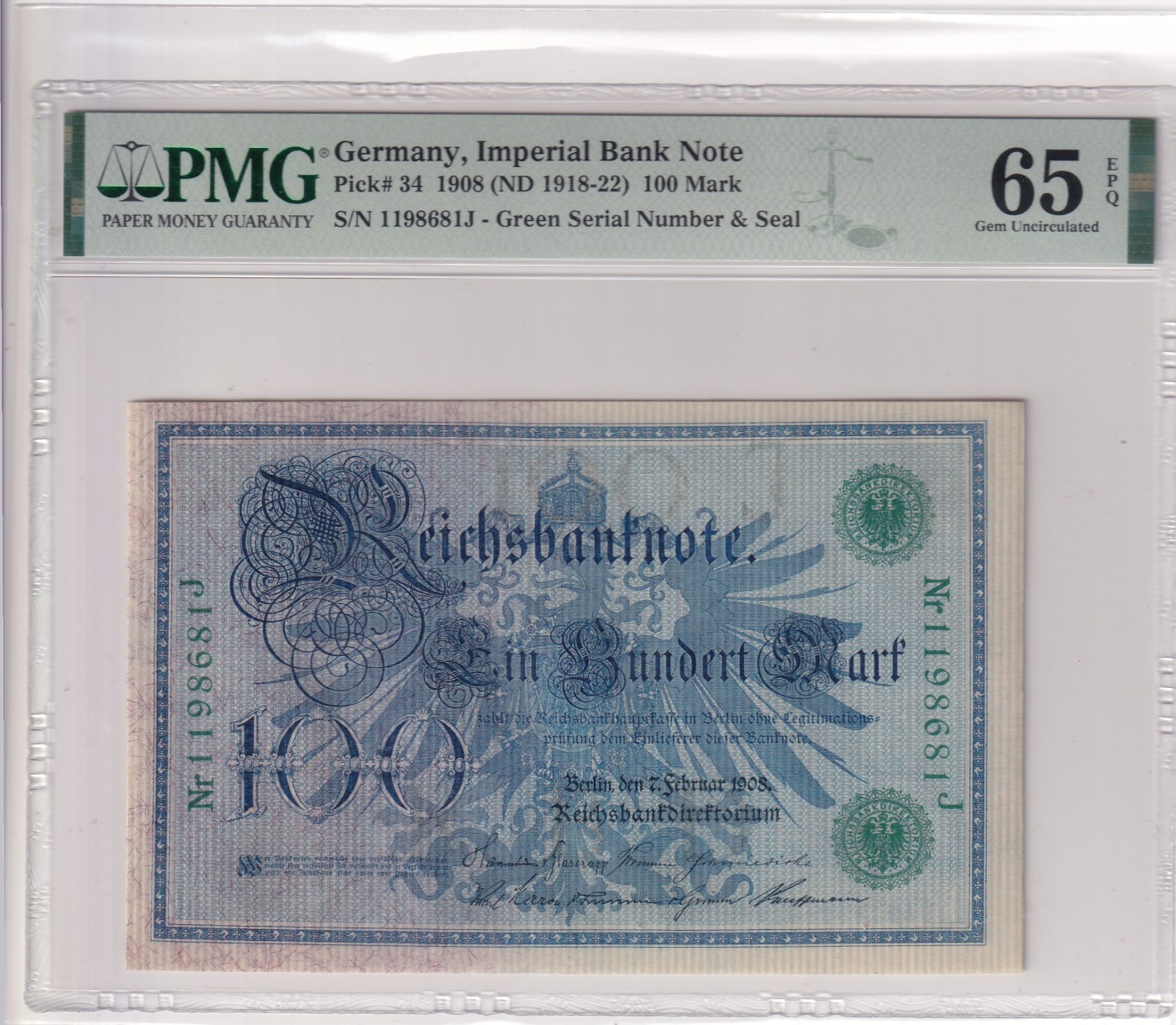 🌗乐淘淘世界纸币拍卖 第34期🌓 【1198681J】德国1908年纸币 100马克 倒置号 百年老钞 PMG65EPQ