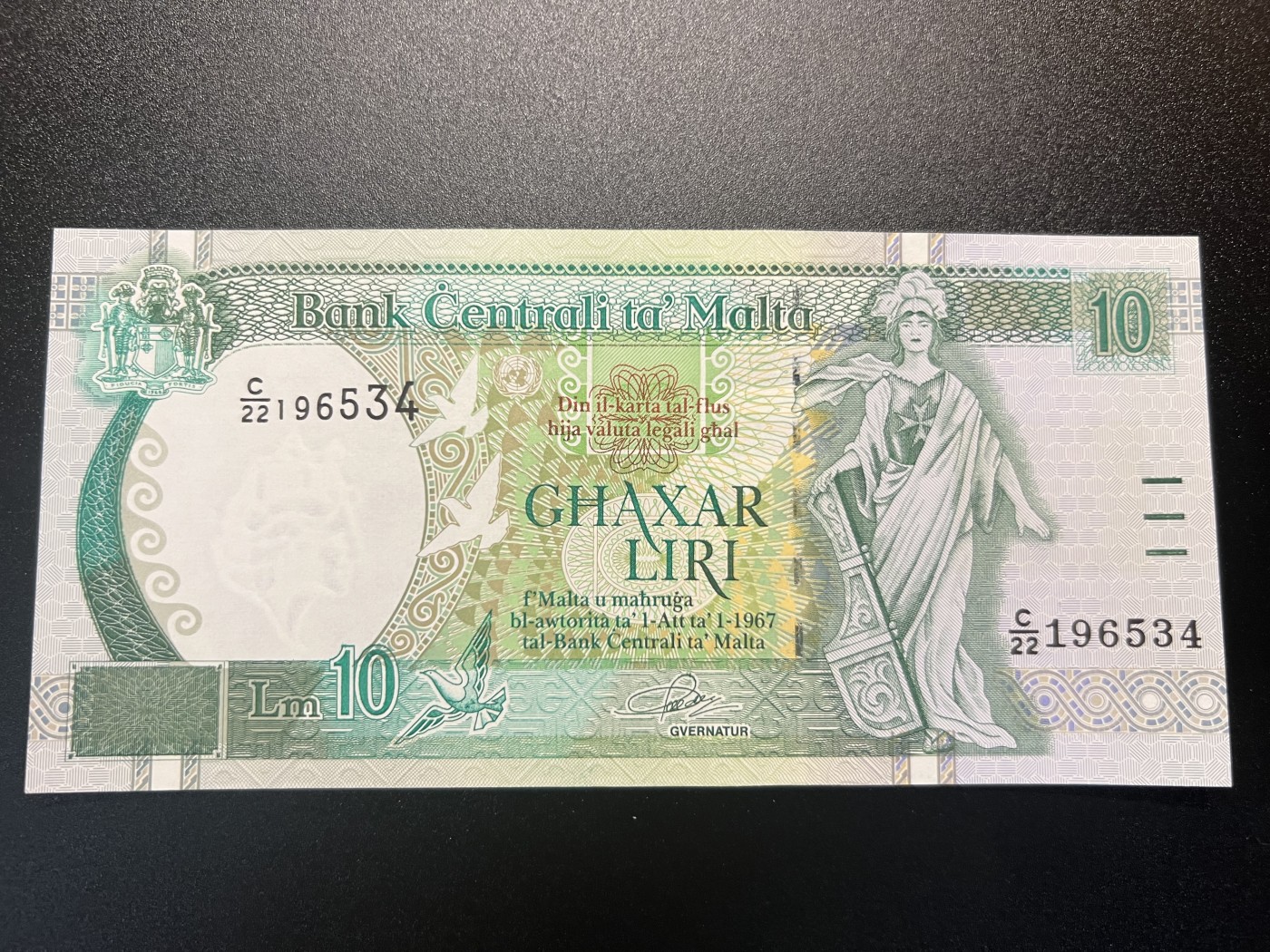 🌗乐淘淘世界纸币拍卖 第34期🌓 【C/22 196534】马耳他1967（1994）年纸币 10里拉 全新UNC