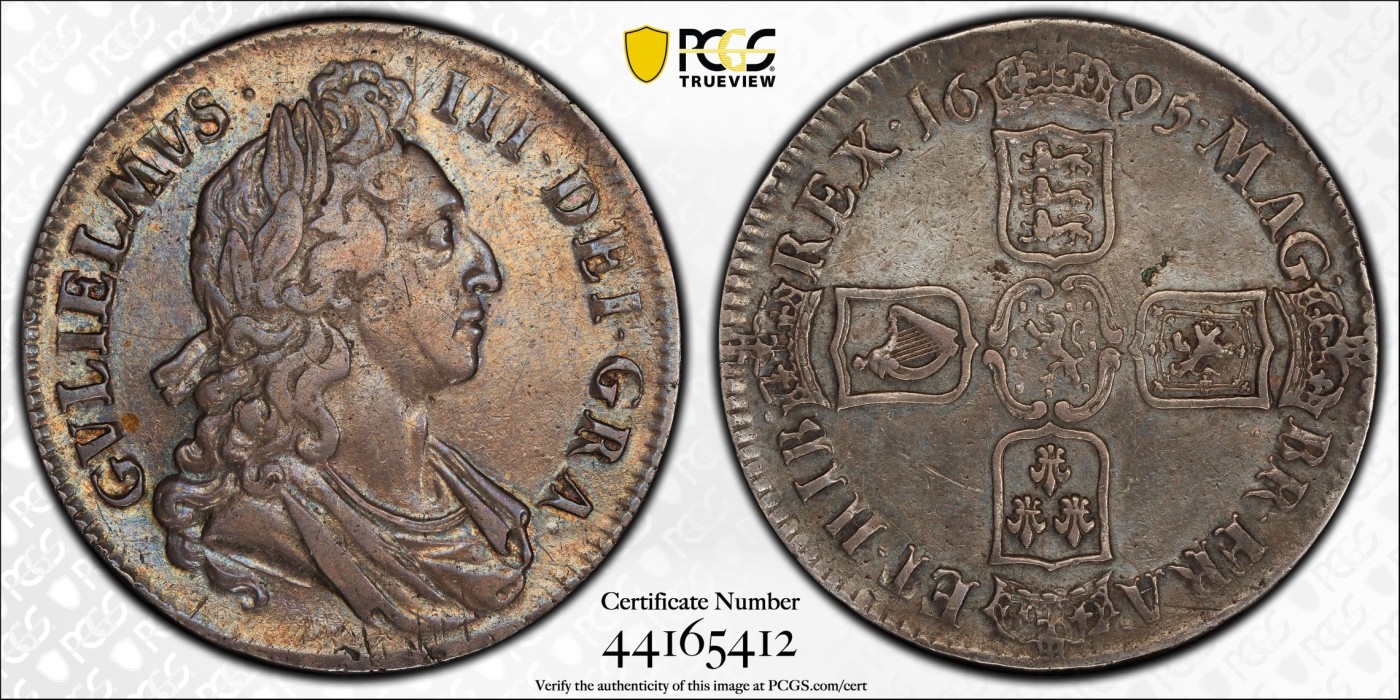 博洋堂世界钱币拍卖第056期（全场包邮） PCGS XF40 英国1695年 威廉三世1克朗大银币，原味带彩包浆，状态好，英系名品，持续上涨品种，值得收藏