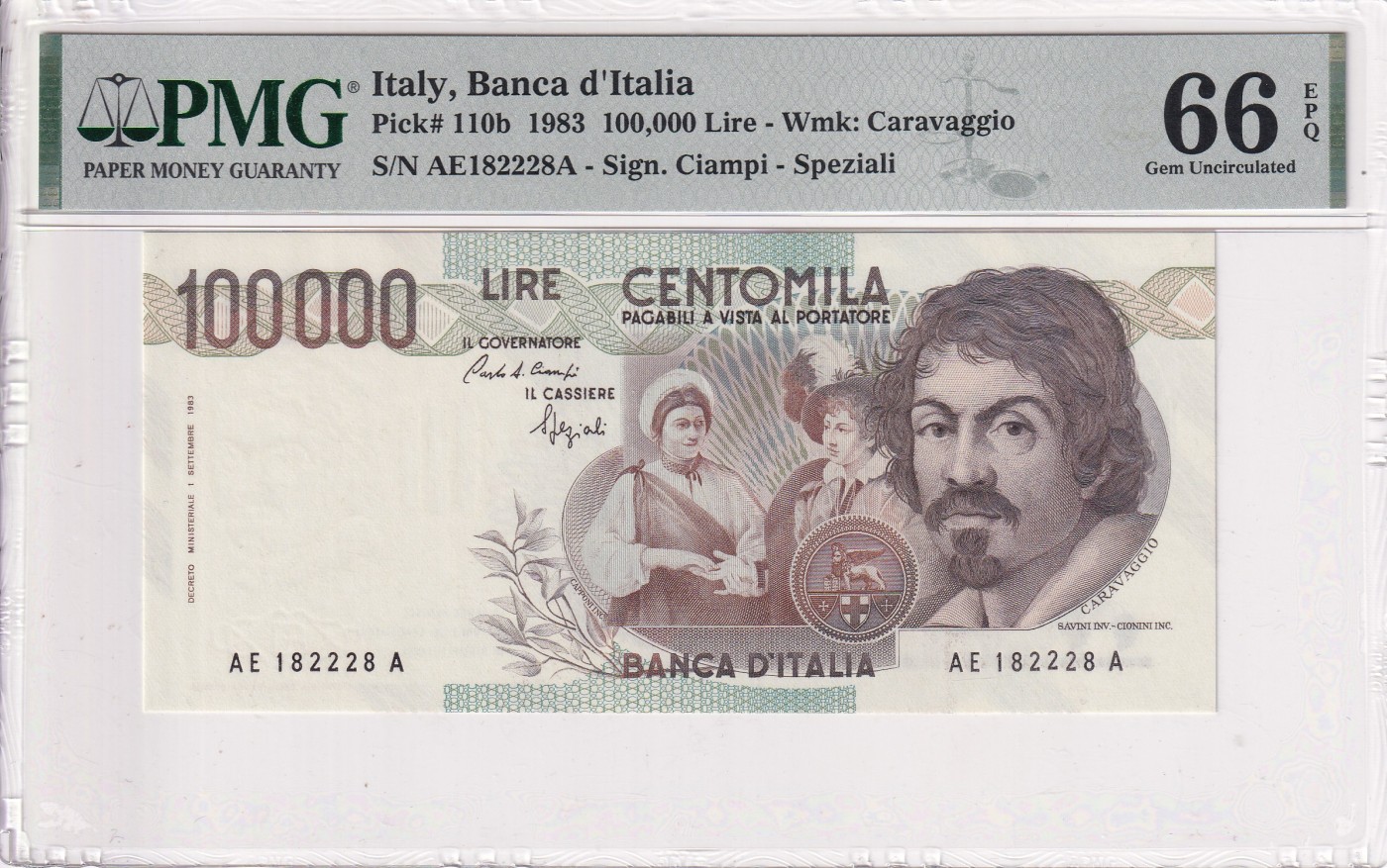 🌗乐淘淘世界纸币拍卖 第34期🌓 【AE182228A】意大利1983年纸币 100000里拉 卡拉瓦乔 无47数三 PMG66EPQ 亚军分
