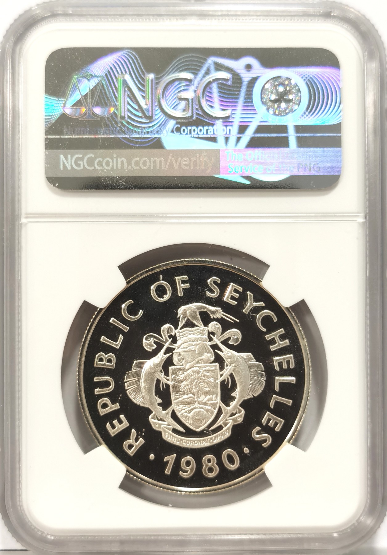 博洋堂世界钱币拍卖第056期（全场包邮） 1980年塞舌尔国际儿童年50卢比精制银币NGC-PF68，直径34mm，重19.44g，925银，发行量10000枚。PROOF镜面状态精制币，状态一流，获得更高评级数量35枚