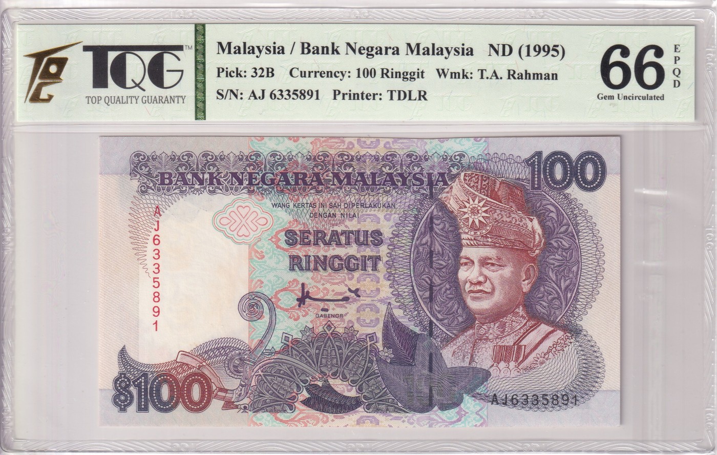 🌗乐淘淘世界纸币拍卖 第34期🌓 【AJ 6335891】马来西亚1995年纸币 100林吉特 无47 TQG66EPQ