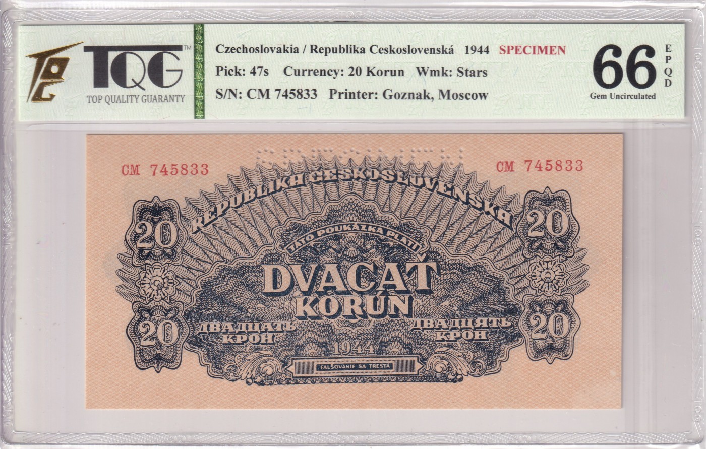 🌗乐淘淘世界纸币拍卖 第34期🌓 【CM 745833】捷克斯洛伐克1944年纸币 20克朗 样钞 TQG66EPQ