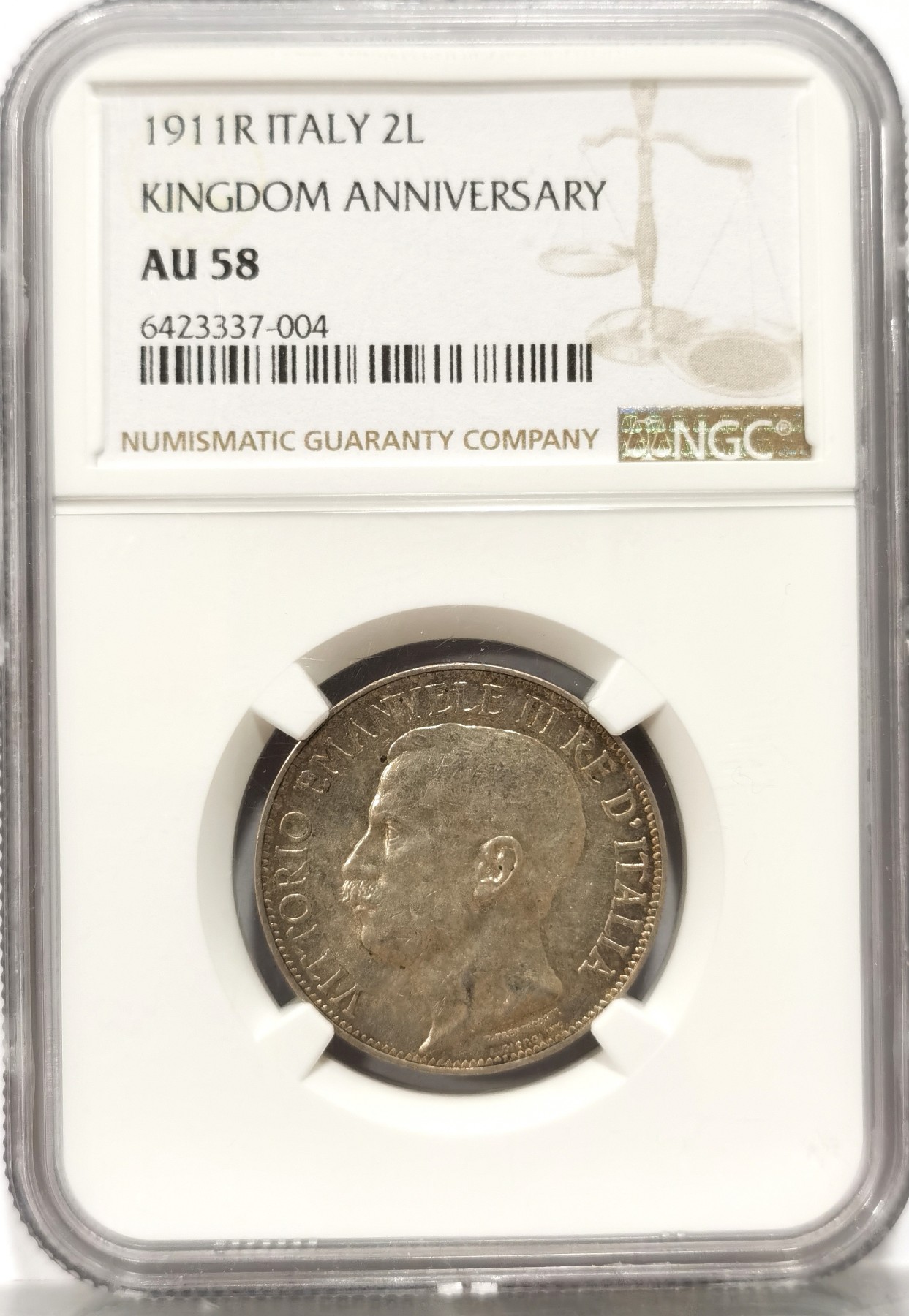 博洋堂世界钱币拍卖第056期（全场包邮） NGC AU58 意大利1911R版 建国五十周年2里拉银币，细节状态好，N严评了，性价比之选，可重新送评