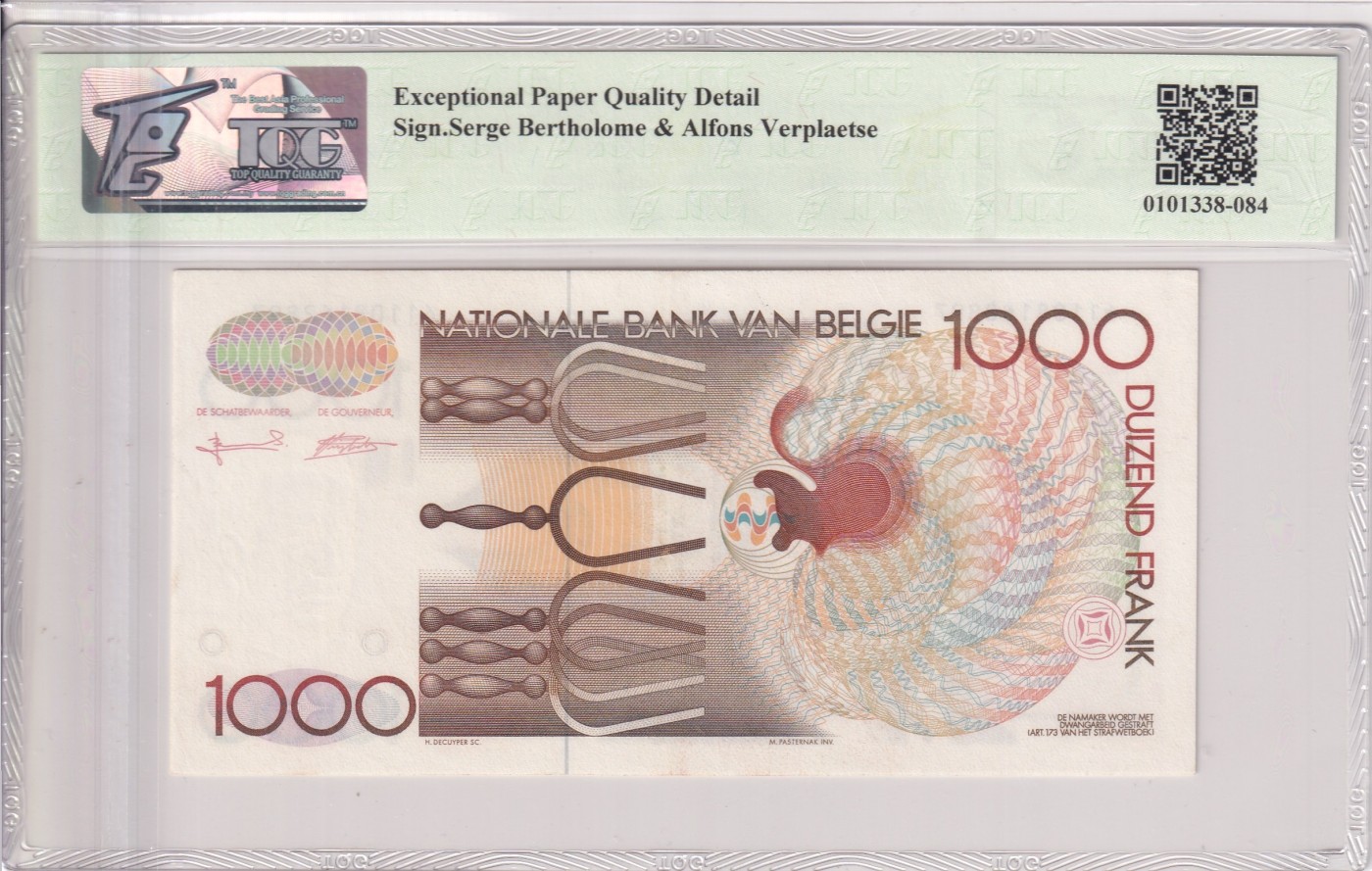 🌗乐淘淘世界纸币拍卖 第34期🌓 【61108162897】比利时1992年纸币 1000法郎 TQG65EPQ