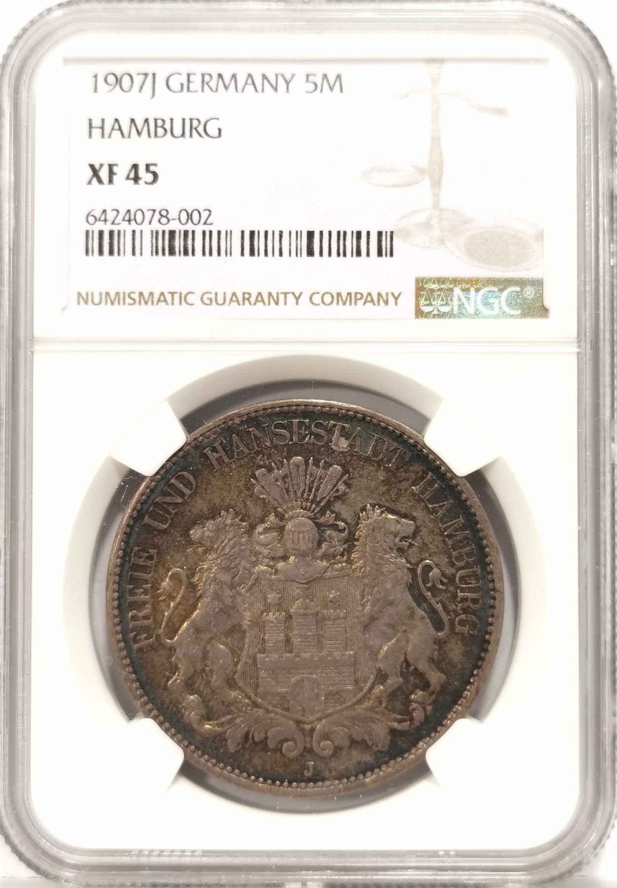 博洋堂世界钱币拍卖第056期（全场包邮） NGC XF45 1907年汉堡5马克，特年，往上仅5枚更高，MS中仅一枚61分最高。明显低评的一枚，状态细节不输58分。正反都是非常耀眼的黑色重五彩包浆，视觉效果极佳