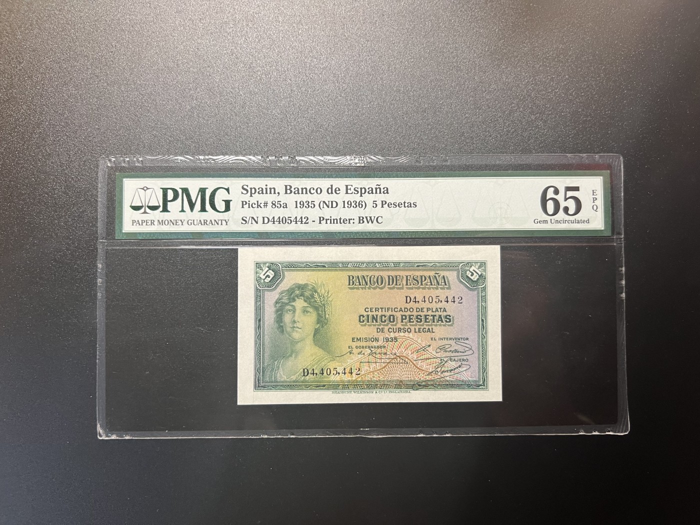 🌗乐淘淘世界纸币拍卖 第34期🌓 【D4405442】西班牙1935年纸币 5比塞塔 PMG65EPQ