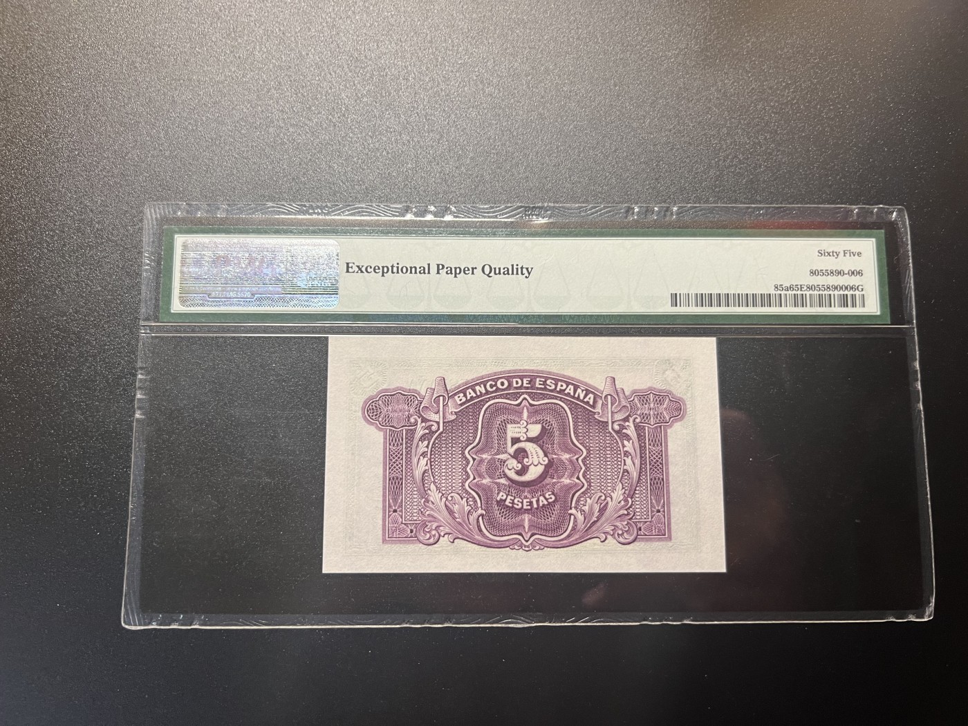 🌗乐淘淘世界纸币拍卖 第34期🌓 【D4405442】西班牙1935年纸币 5比塞塔 PMG65EPQ