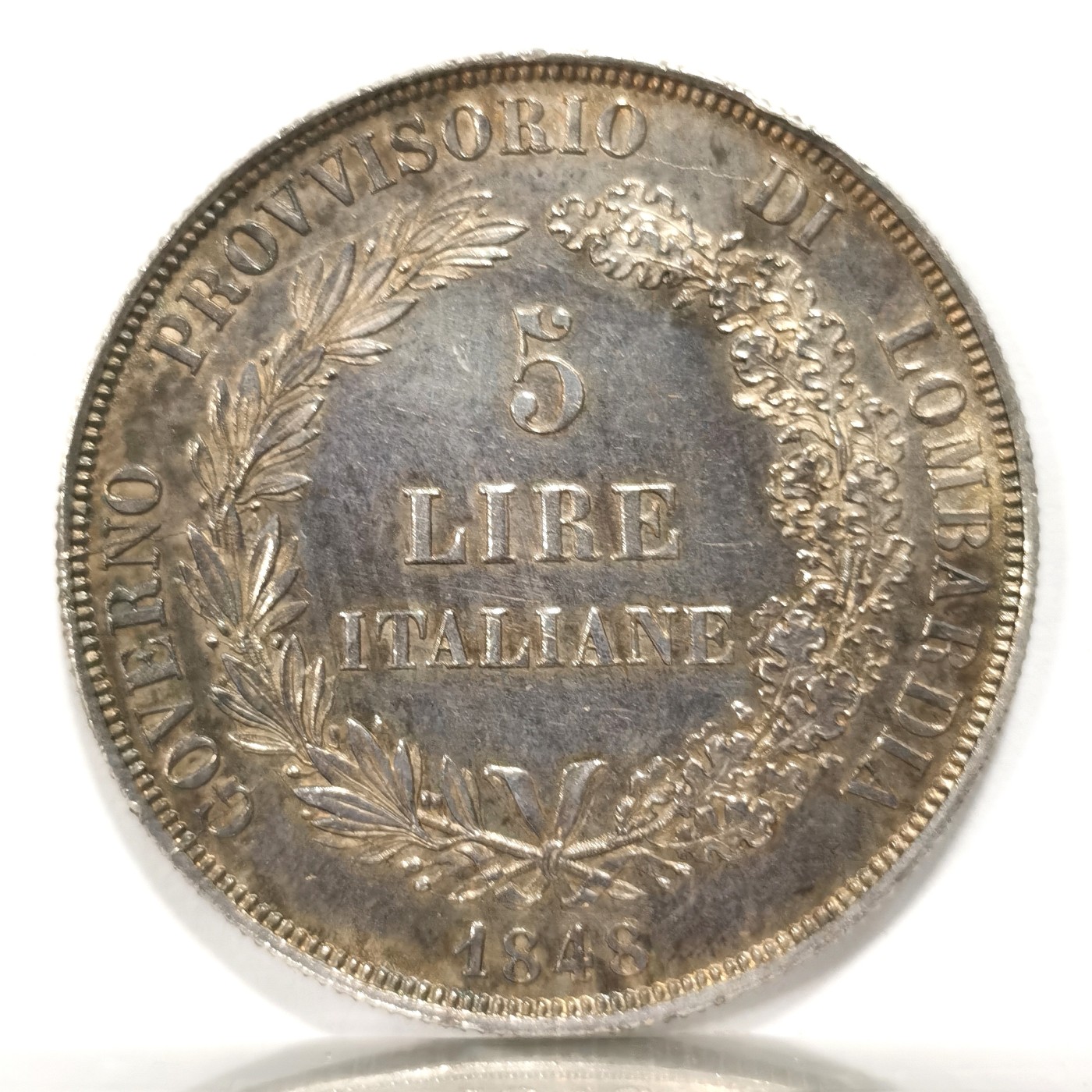 博洋堂世界钱币拍卖第056期（全场包邮） 意大利1848年伦巴蒂临时政府女神5里拉大银币，双面深彩包浆，AU状态，状态好细节清晰，可入盒博分，单年发行量12万枚，名誉品收藏品种