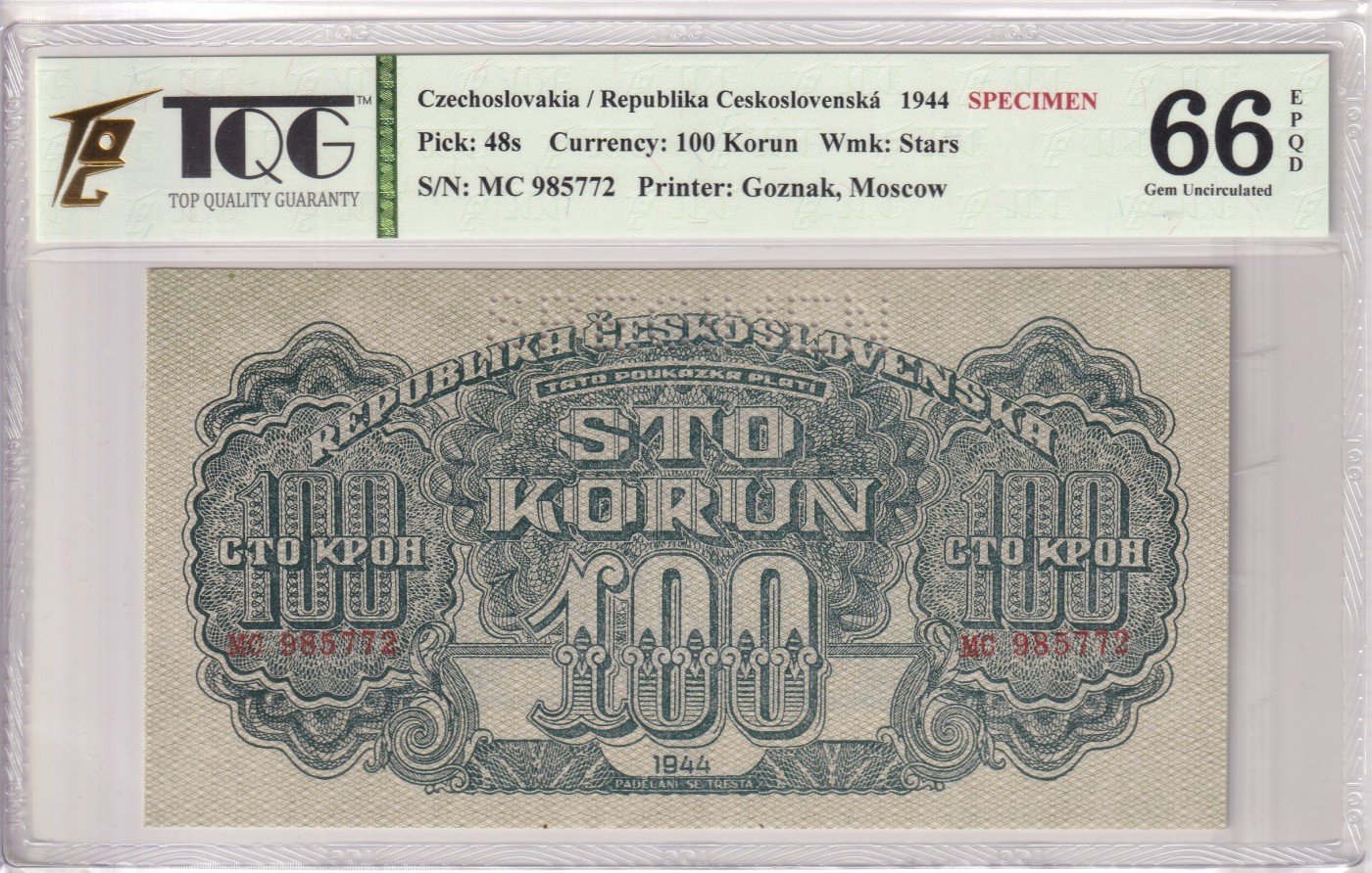 🌗乐淘淘世界纸币拍卖 第34期🌓 【MC 985772】捷克斯洛伐克1944年纸币 100克朗 样钞 TQG66EPQ