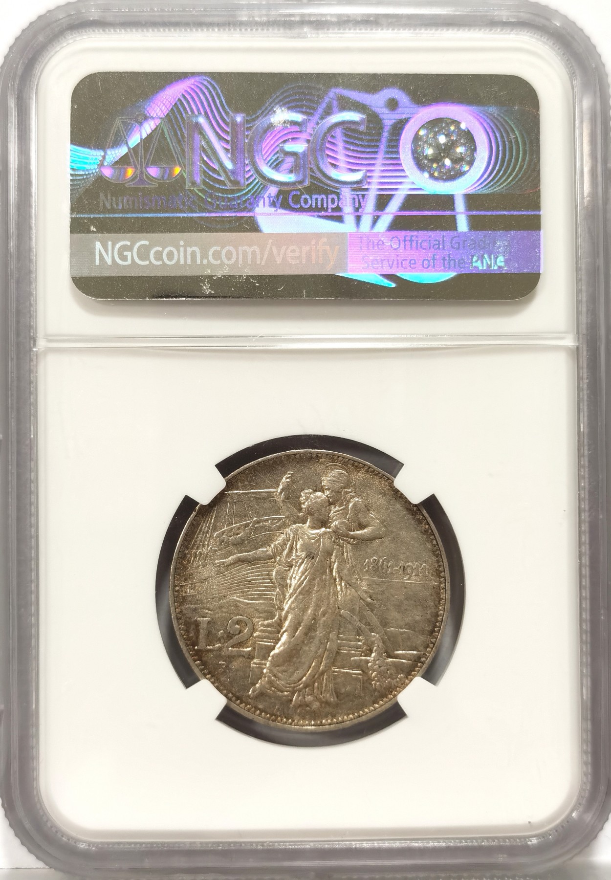 博洋堂世界钱币拍卖第056期（全场包邮） NGC AU58 意大利1911R版 建国五十周年2里拉银币，细节状态好，N严评了，性价比之选，可重新送评