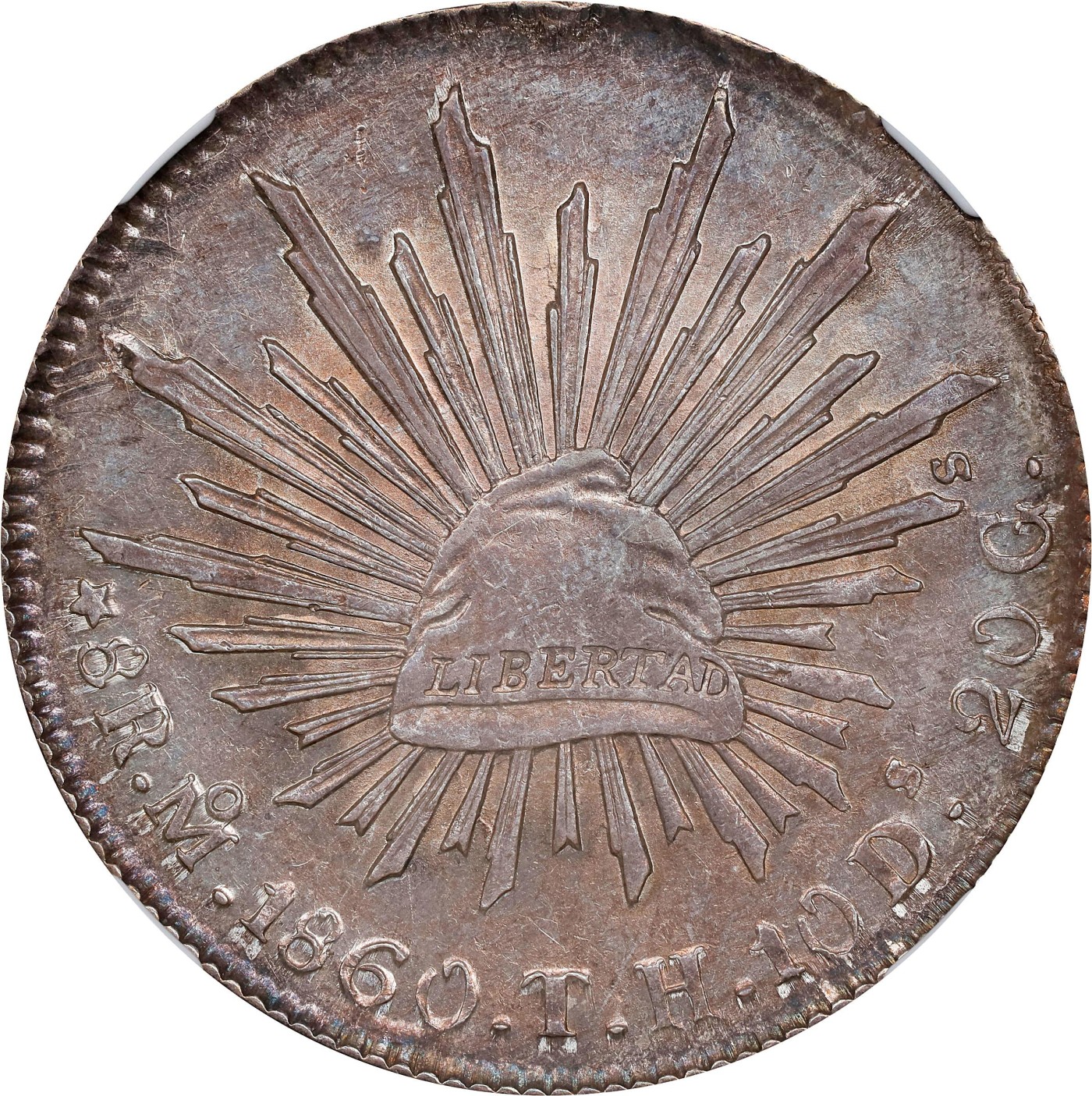 博洋堂世界钱币拍卖第056期（全场包邮） NGC MS63 墨西哥1860年MO TH版花边鹰洋，少见中期年份，传世倒影包浆，仙人掌有复打