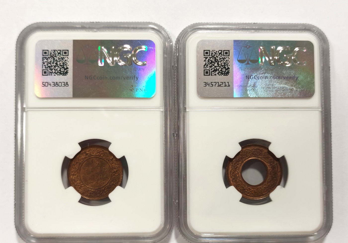 博洋堂世界钱币拍卖第056期（全场包邮） NGC MS63BN 英属印度乔治六世1/2派沙、1派沙铜币2枚一对