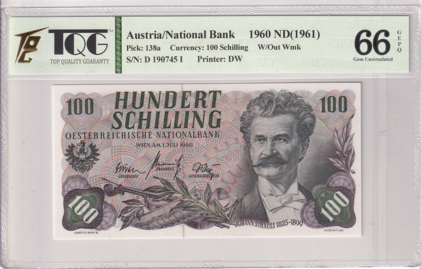 🌗乐淘淘世界纸币拍卖 第34期🌓 【D 190745 I】奥地利1960年纸币 100先令 施特劳斯 TQG66EPQ