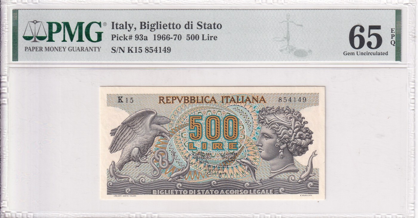 🌗乐淘淘世界纸币拍卖 第34期🌓 【K15 854149】意大利1966-70年纸币 500里拉 PMG65EPQ