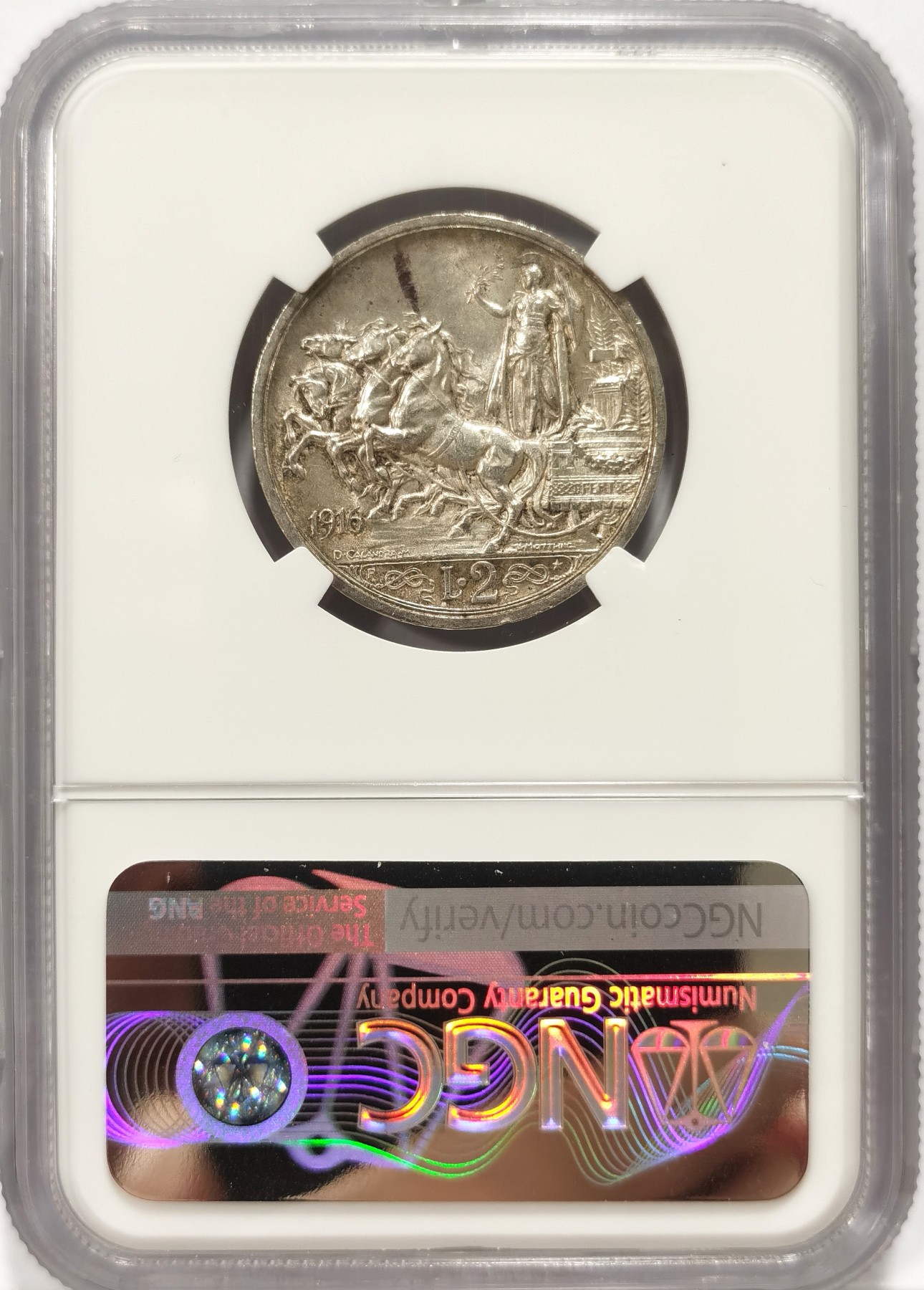 博洋堂世界钱币拍卖第056期（全场包邮） NGC MS62 意大利1916R 2里拉经典小马车，整体光泽状态好，性价比高，意系收藏必备品种