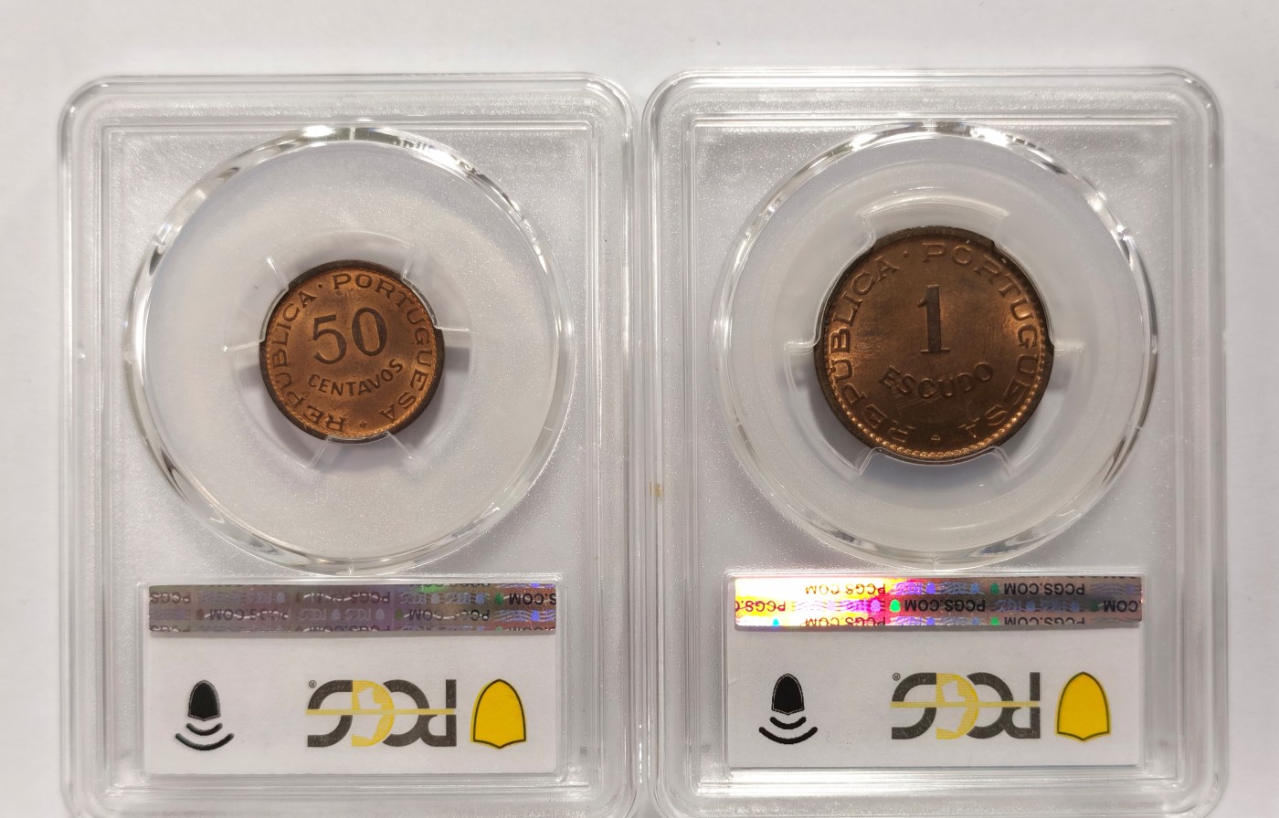 博洋堂世界钱币拍卖第056期（全场包邮） PCGS MS63-64RB 葡属东帝汶1970年50分、1埃斯库多二枚一对，状态一流