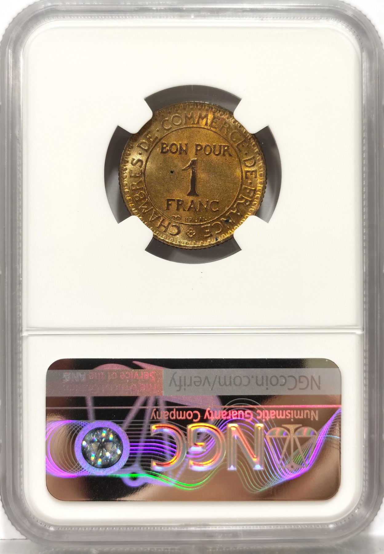 博洋堂世界钱币拍卖第056期（全场包邮） NGC MS63 法国1922年1法郎商神铜币 原味包浆，细节清晰，转光强烈，商神墨丘利寓意好