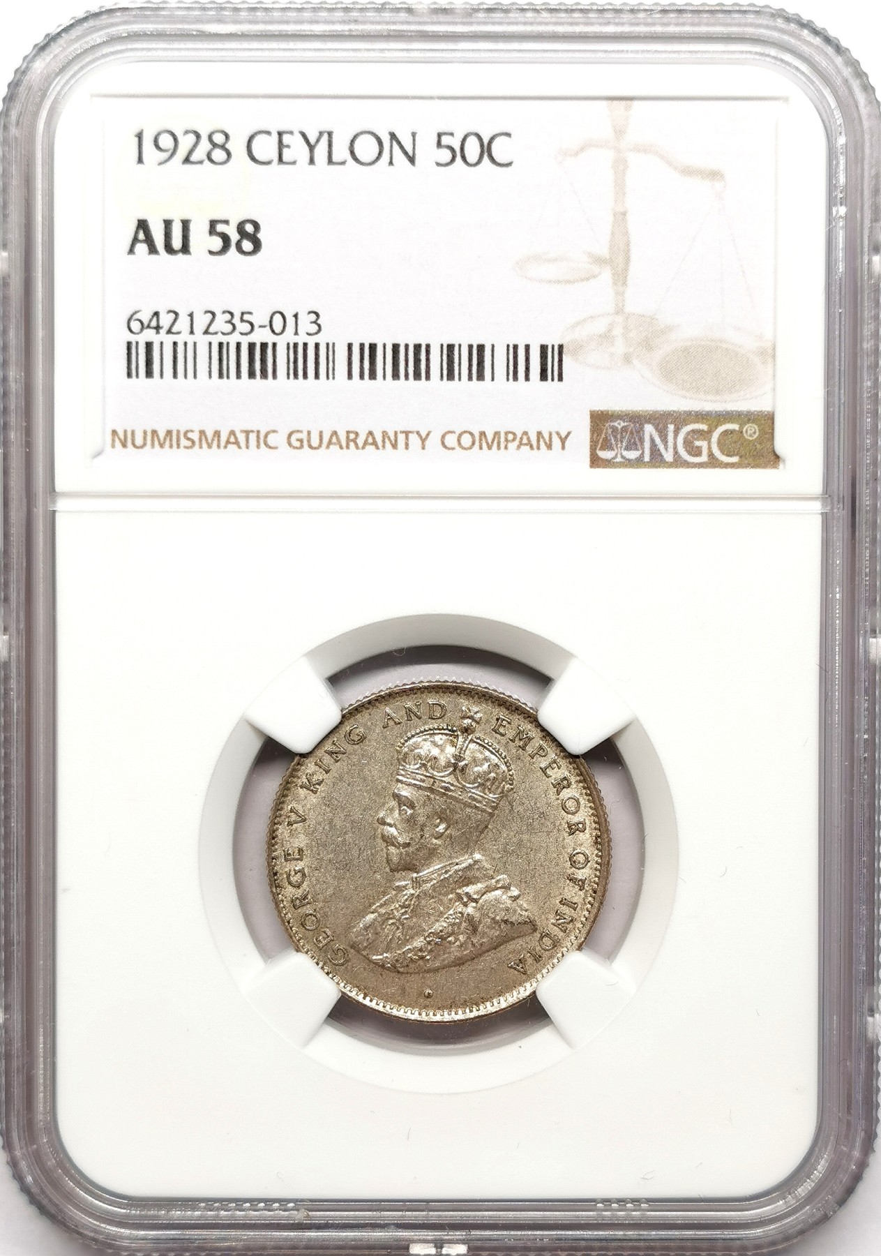 凡希社世界钱币微拍第二百五十七期（感恩专场） 1928英属锡兰乔五50分银币NGC-AU58