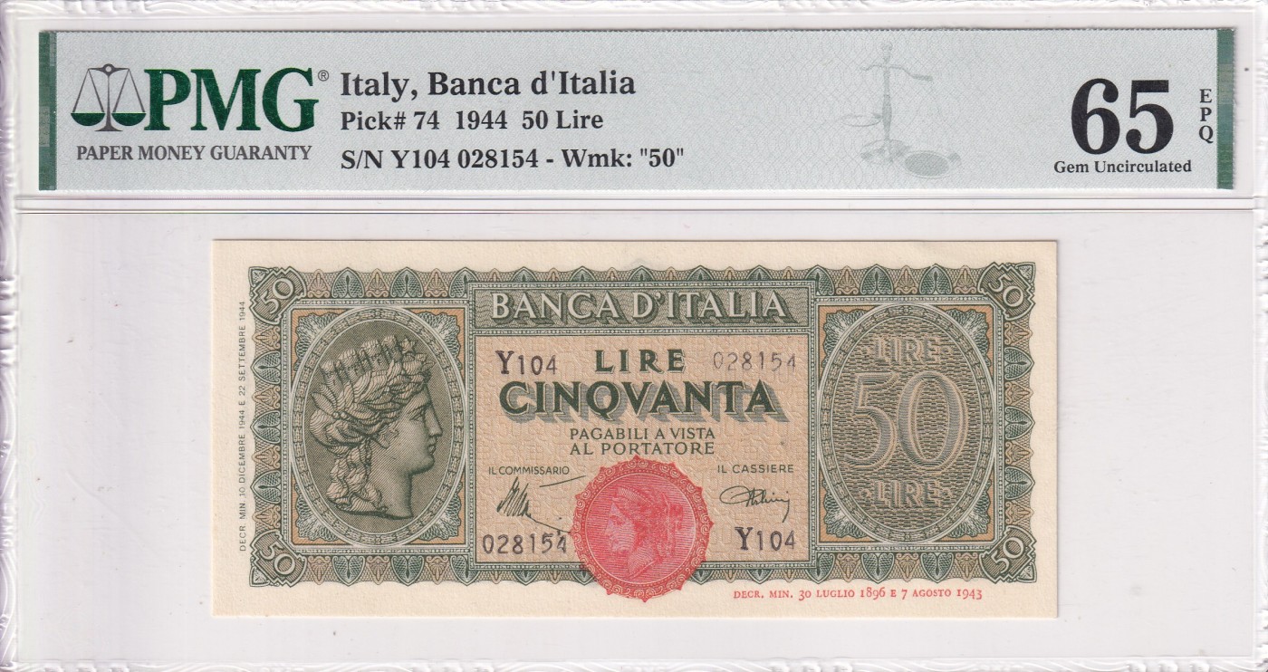 🌗乐淘淘世界纸币拍卖 第34期🌓 【Y104 028154】意大利1944年纸币 50里拉 PMG65EPQ