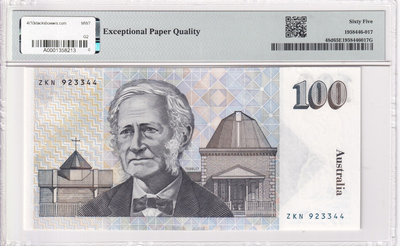 🌗乐淘淘世界纸币拍卖 第34期🌓 【ZKN923344】澳大利亚1992年纸币 100元 毛线帽 PMG65EPQ