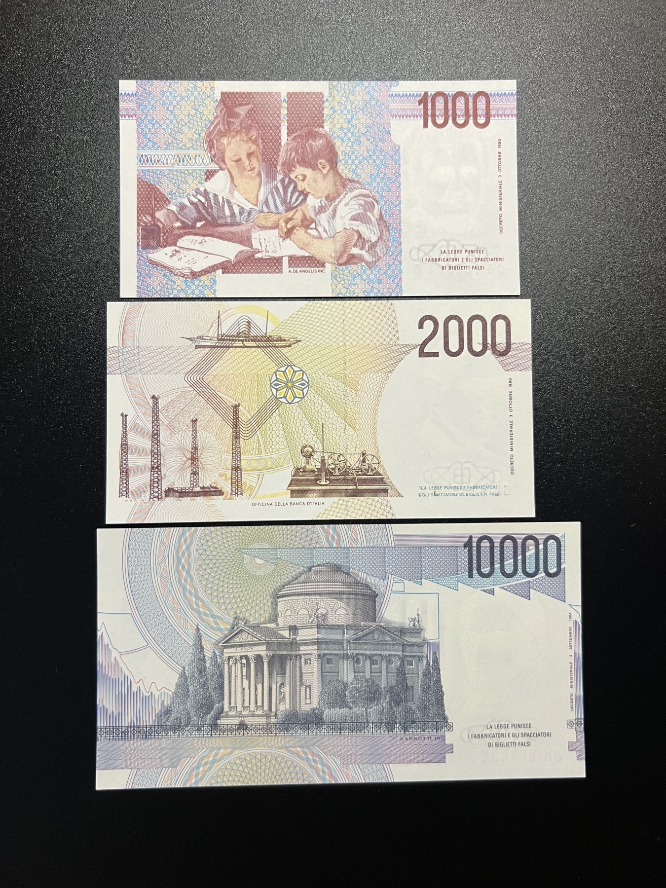 🌗乐淘淘世界纸币拍卖 第34期🌓 意大利纸币三张 1000/2000/10000里拉 全新UNC