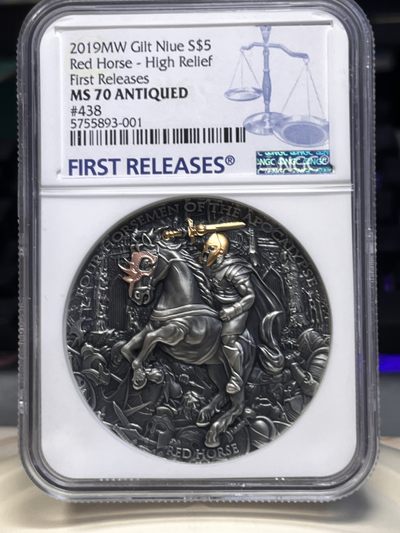 【海寕潮】拍卖第九十四期【圣诞节】 - 【海寧潮A】纽埃2019年天启四骑士红马骑士镀金纪念银币NGC-MS70首期蓝标无盒证书，原价3988元