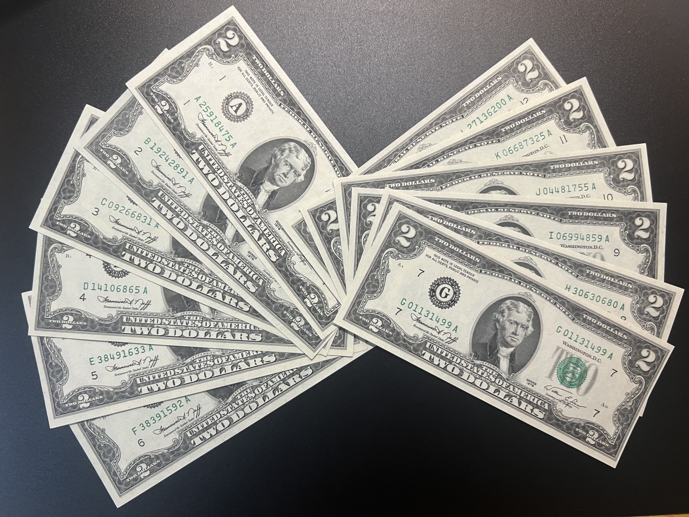 🌗乐淘淘世界纸币拍卖 第34期🌓 【A~L冠号大全】美国1976年纸币 2美元 十二张 冠号大全 除A冠有荧光外 其余全新UNC