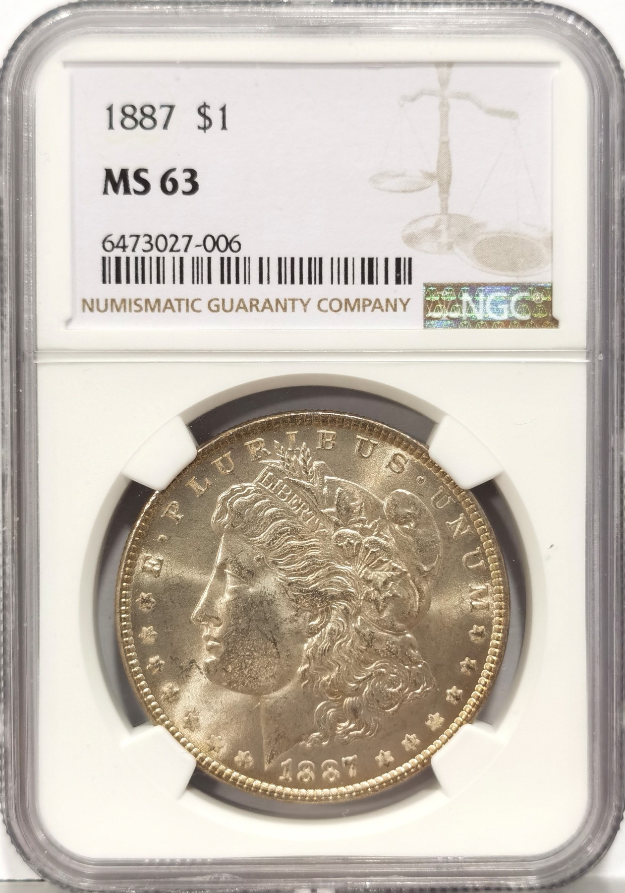 博洋堂世界钱币拍卖第056期（全场包邮） 1887年美国摩根银币P版五彩币NGC-MS63，原汁原味五彩老包浆，包浆醇厚，打制精美，脸干净又漂亮，非常有创意的趣味一字彩。低评，状态和品质不输现在的64分