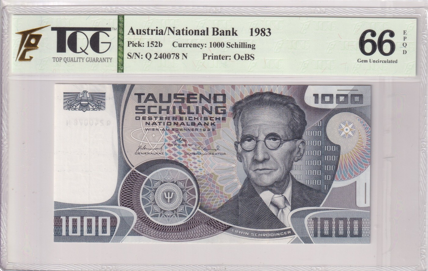 🌗乐淘淘世界纸币拍卖 第34期🌓 【Q 240078 N】奥地利1983年纸币 1000先令 薛定谔 TQG66EPQ