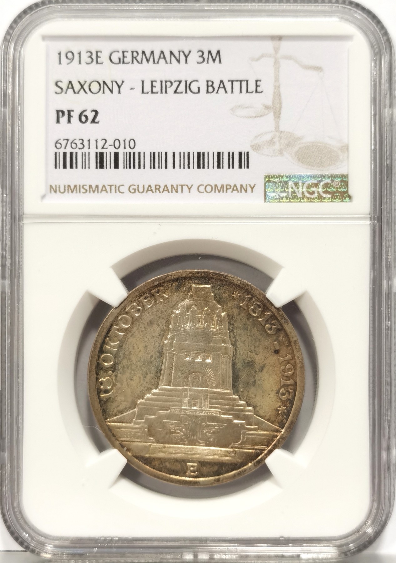 博洋堂世界钱币拍卖第056期（全场包邮） 1913年德国莱比锡建功碑3马克精制银币NGC-PF62，原汁原味五彩老包浆，PROOF镜面状态精制币，状态佳。获得更高的评分数目25枚，发行量稀少，略为低评