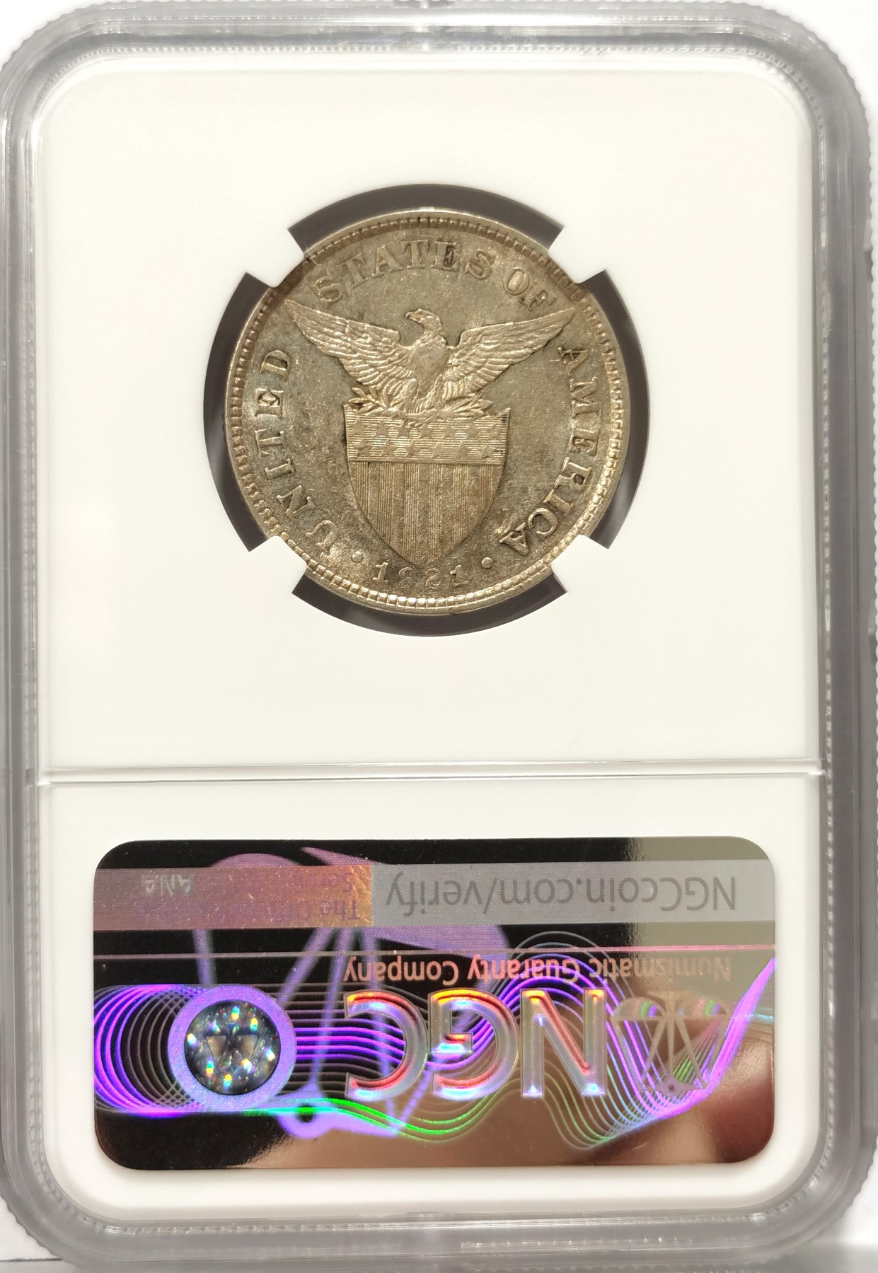 博洋堂世界钱币拍卖第056期（全场包邮） NGC AU55 美属菲律宾1921年打铁小样50分银币，菲律宾早期银币，细节清晰，原味转光，潜力上涨品种