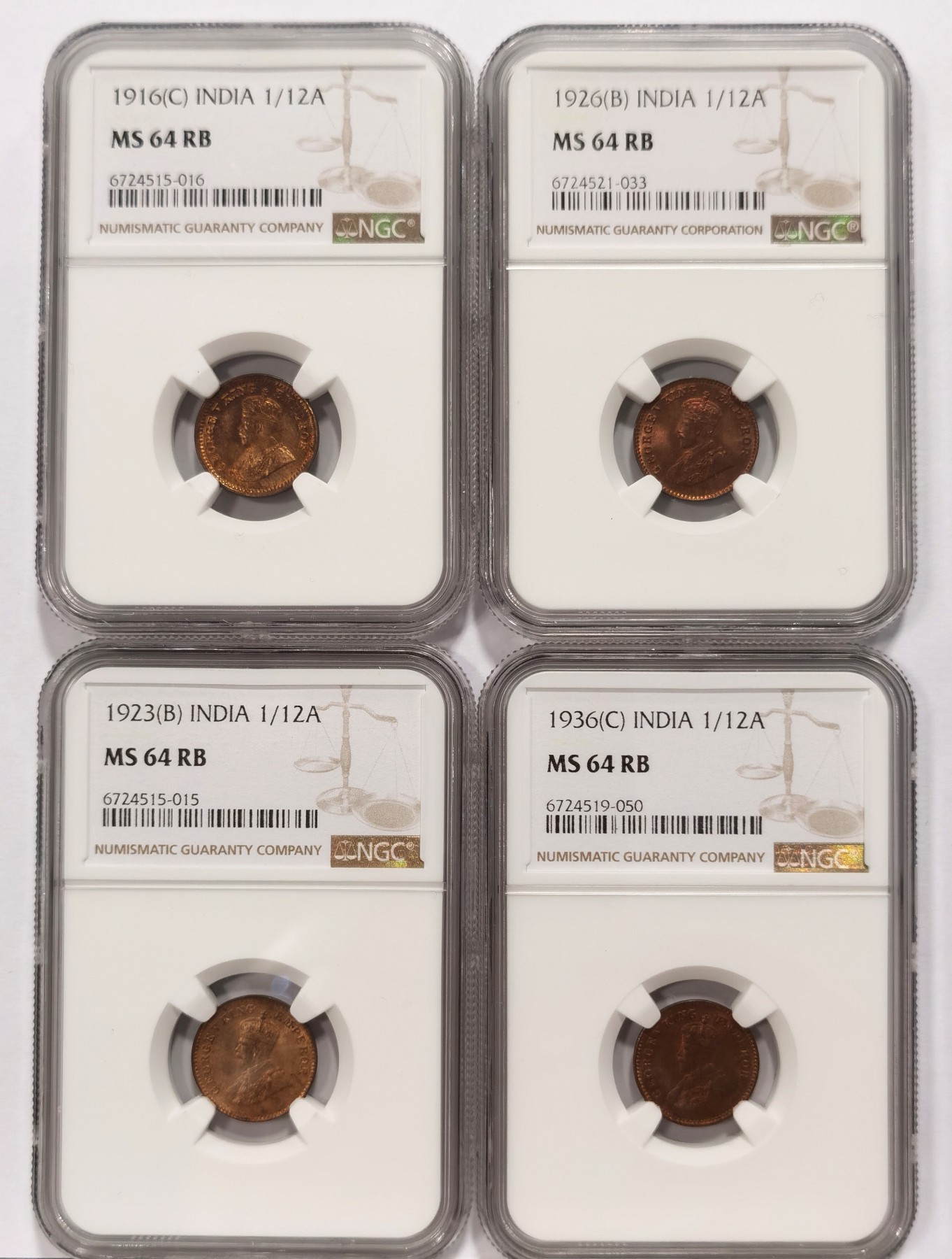 博洋堂世界钱币拍卖第056期（全场包邮） NGC MS64RB 英属印度乔治五世不同年份1/12安娜铜币4枚一组，状态都很好