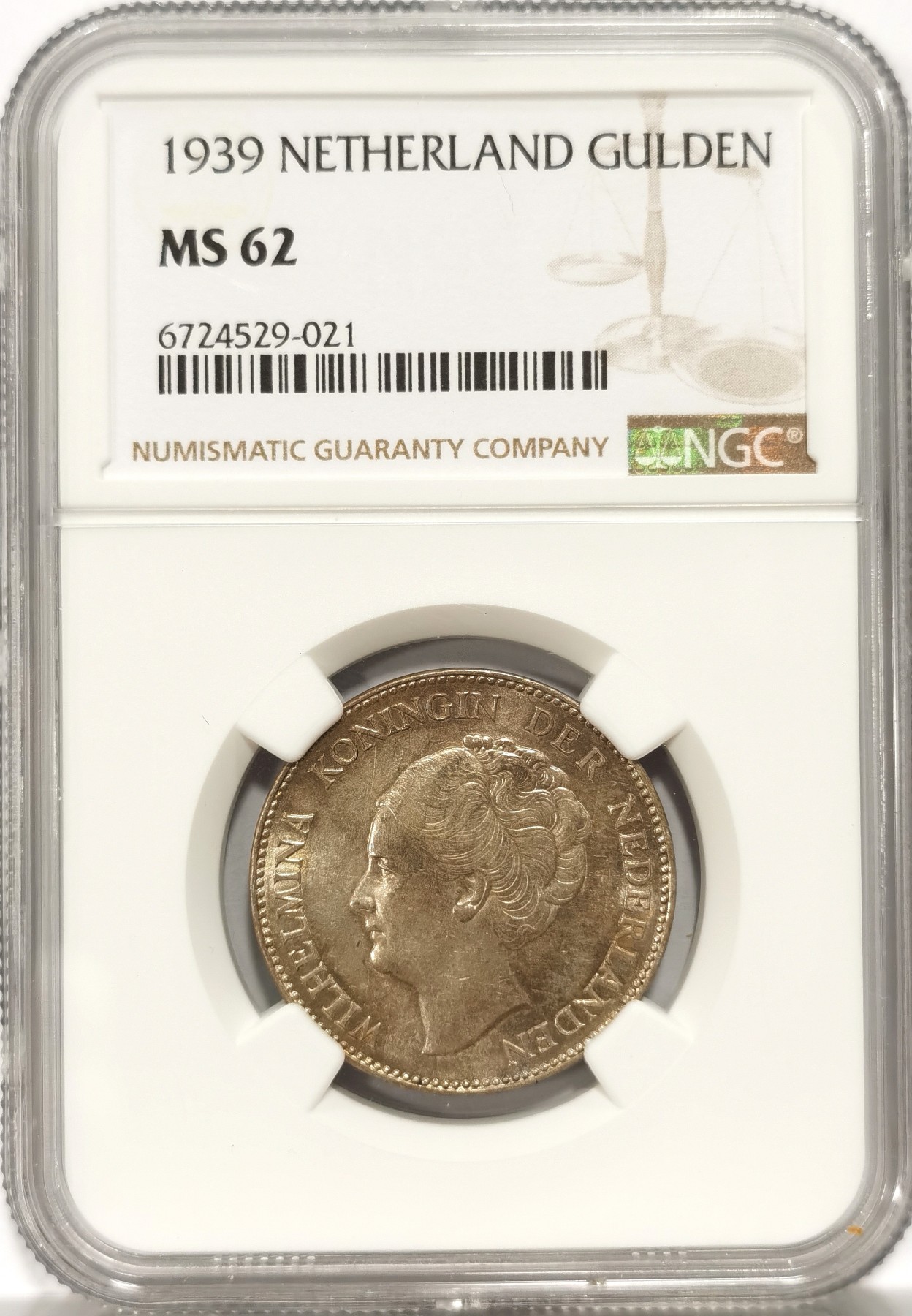 博洋堂世界钱币拍卖第056期（全场包邮） NGC MS62 荷兰1939年威廉明娜女王1盾银币